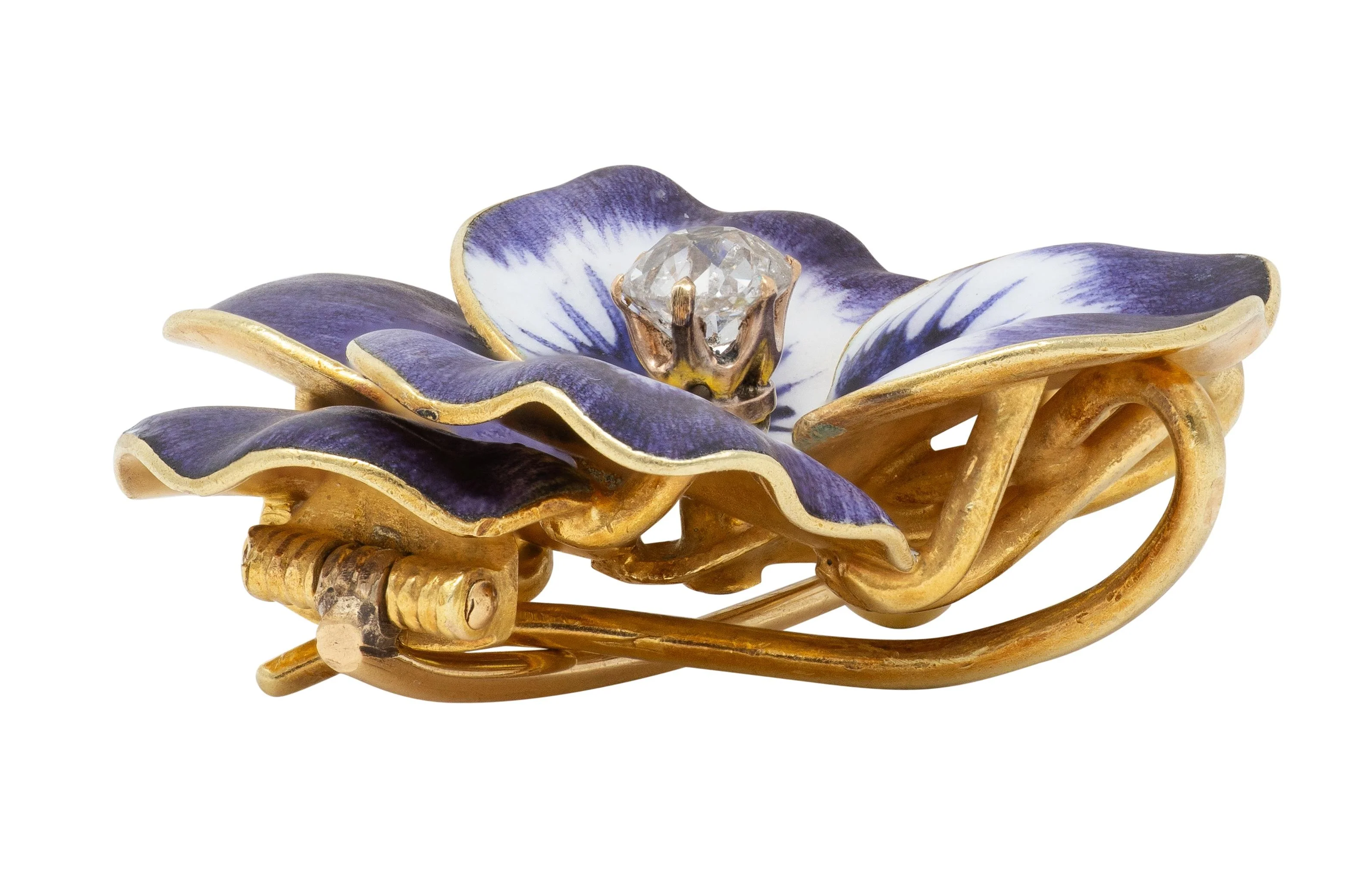 Art Nouveau Diamond Enamel 14 Karat Yellow Gold Pansy Flower Antique Pendant Brooch - Image 8
