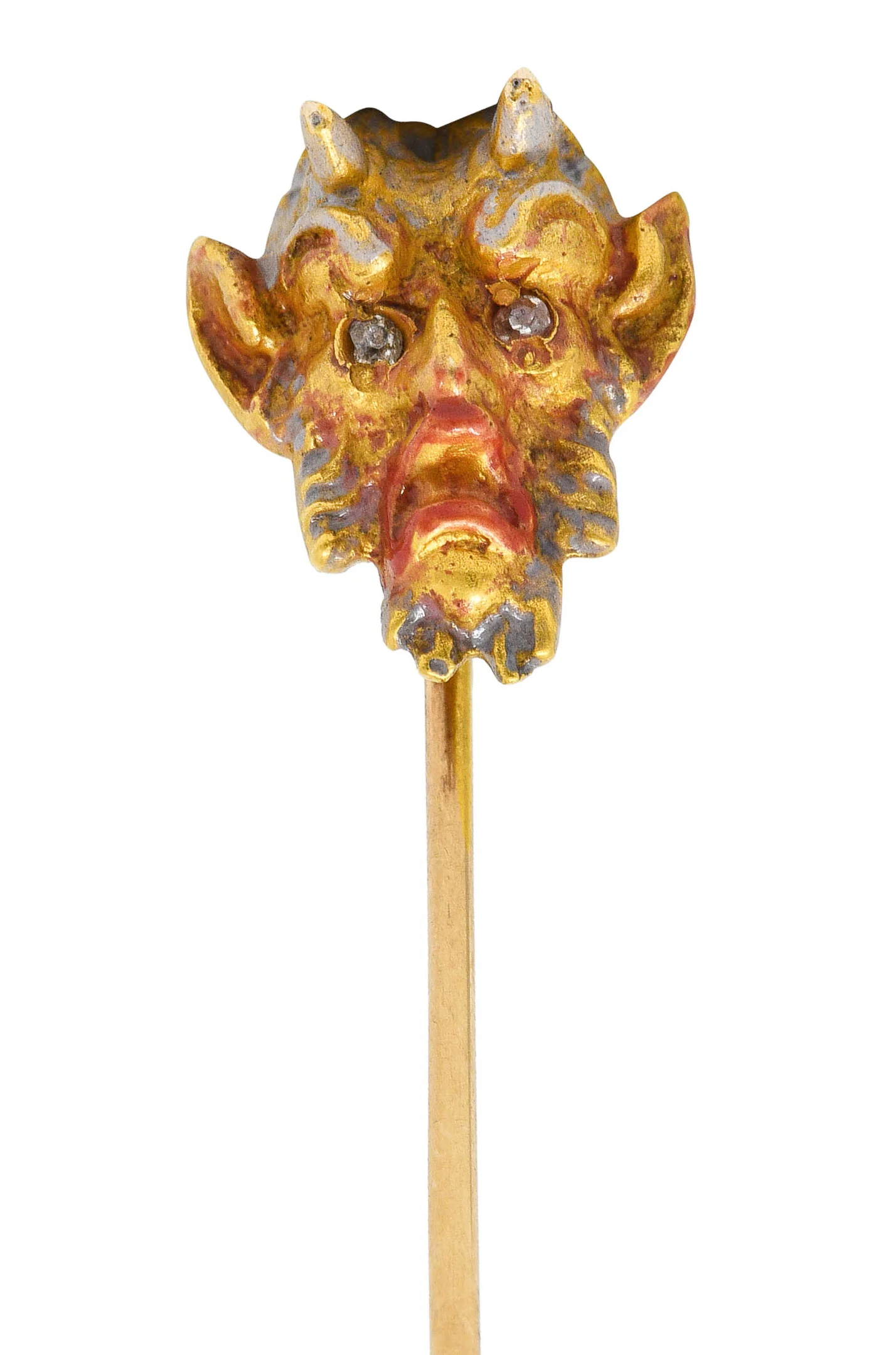 Art Nouveau Diamond Enamel 18 Karat Gold Devilish Satyr Stickpin