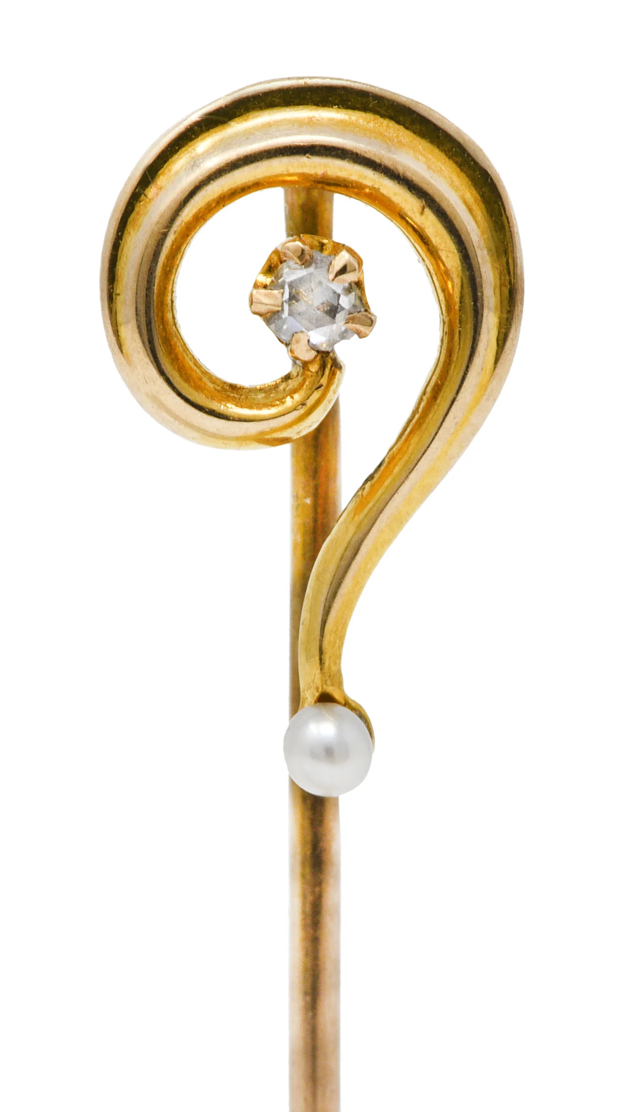 Art Nouveau Diamond Freshwater Pearl 14 Karat Gold Question Mark Stickpin - Image 5