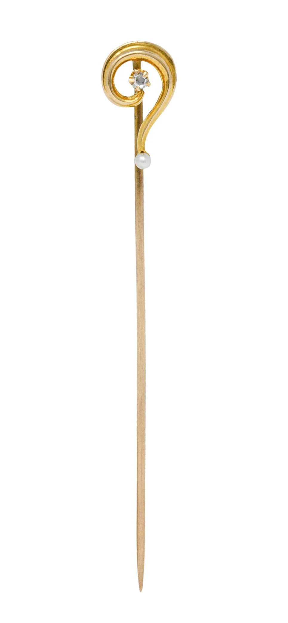 Art Nouveau Diamond Freshwater Pearl 14 Karat Gold Question Mark Stickpin - Image 6