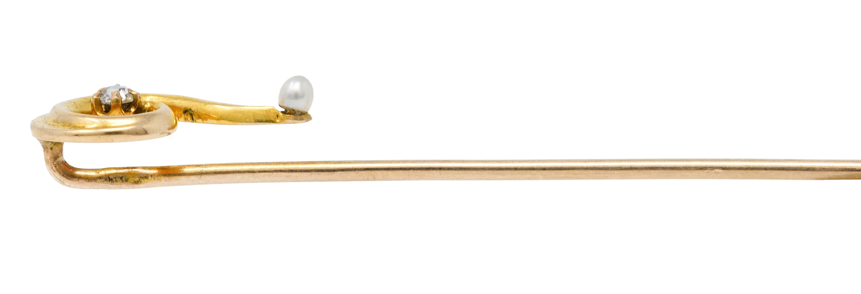 Art Nouveau Diamond Freshwater Pearl 14 Karat Gold Question Mark Stickpin - Image 7