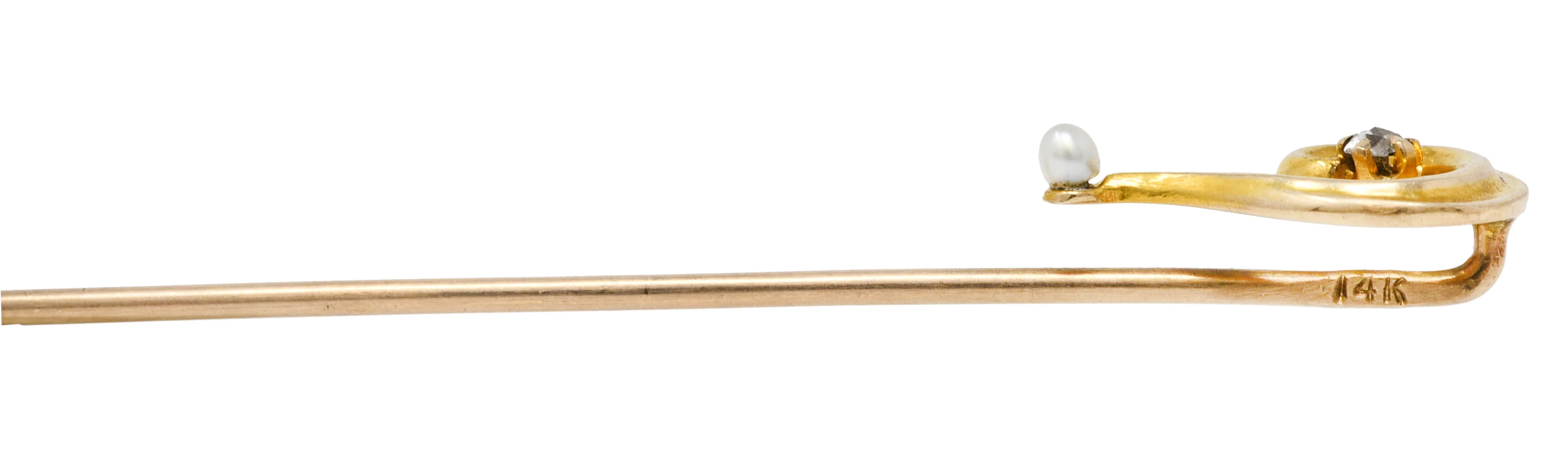 Art Nouveau Diamond Freshwater Pearl 14 Karat Gold Question Mark Stickpin - Image 8