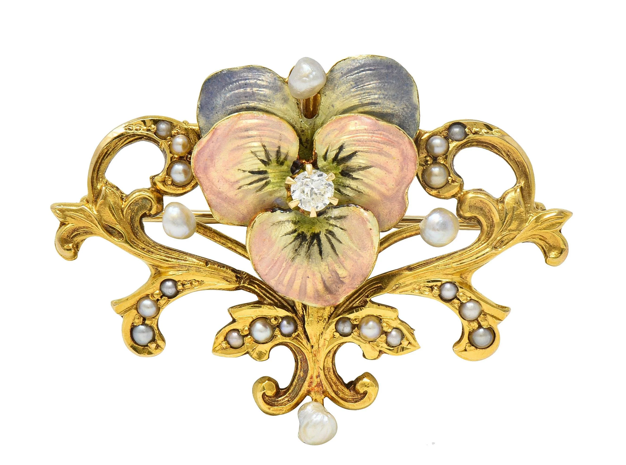 Art Nouveau Diamond Pearl Enamel 14 Karat Yellow Gold Antique Flower Pendant Brooch - Image 2
