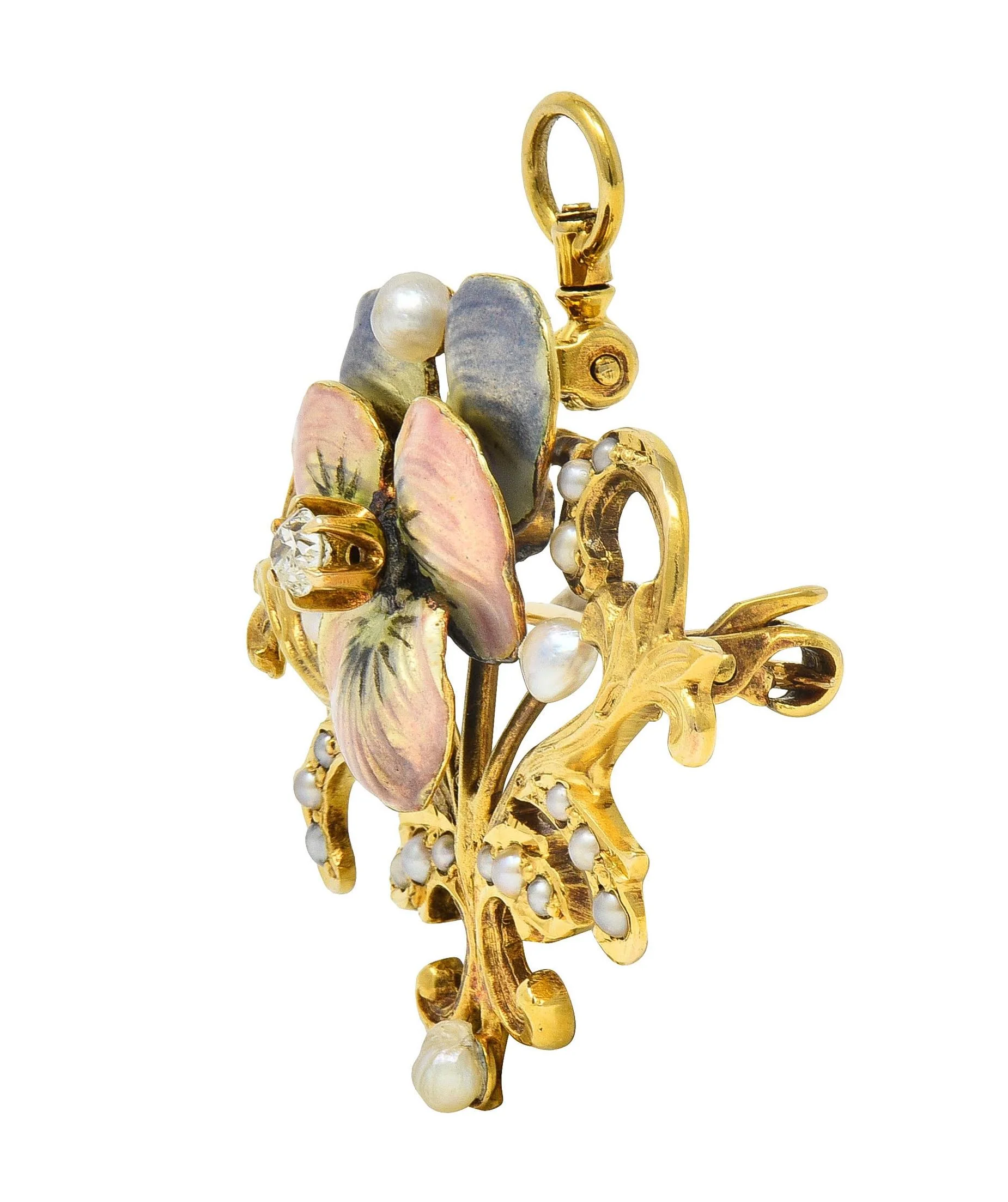 Art Nouveau Diamond Pearl Enamel 14 Karat Yellow Gold Antique Flower Pendant Brooch - Image 3