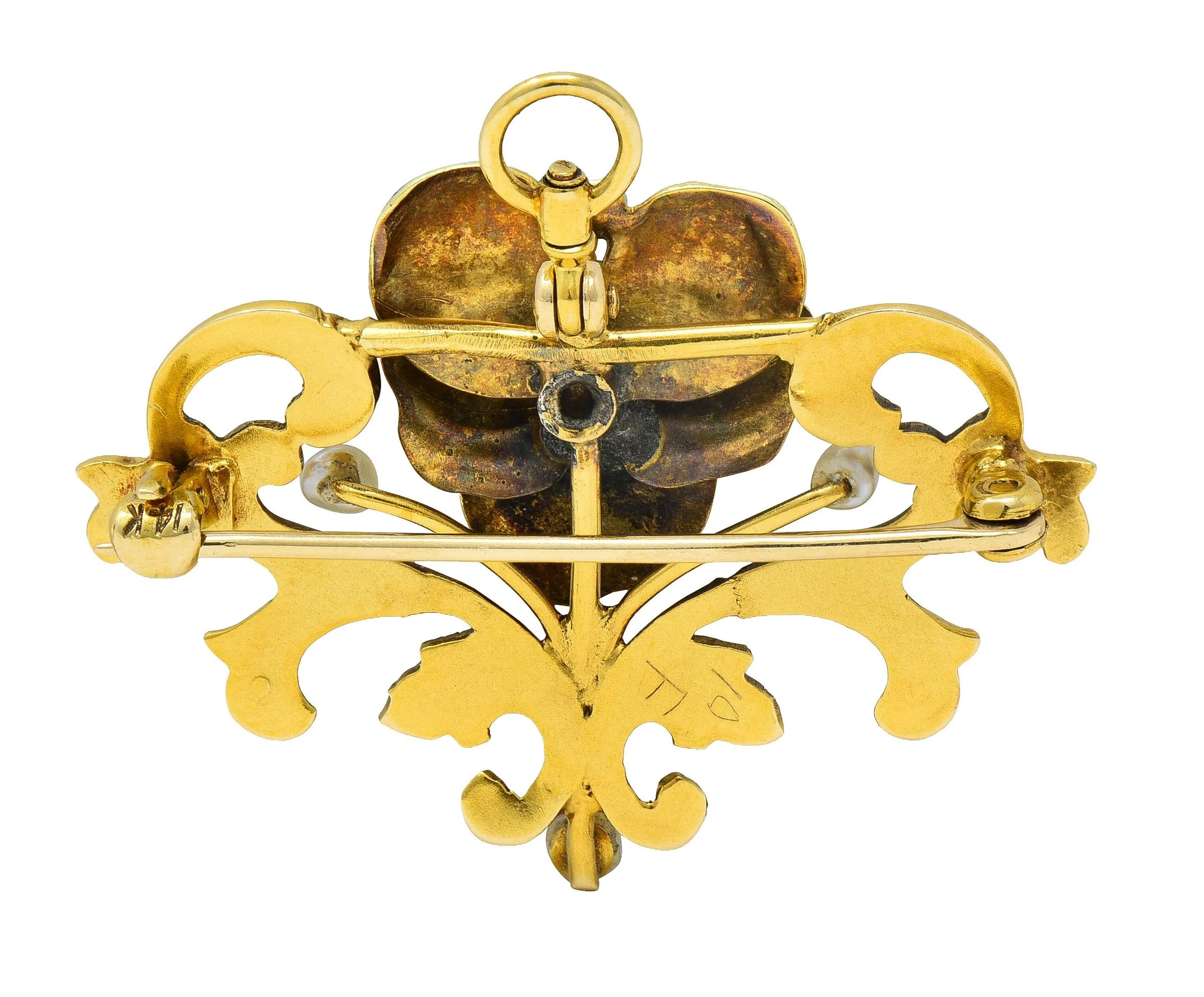Art Nouveau Diamond Pearl Enamel 14 Karat Yellow Gold Antique Flower Pendant Brooch - Image 4