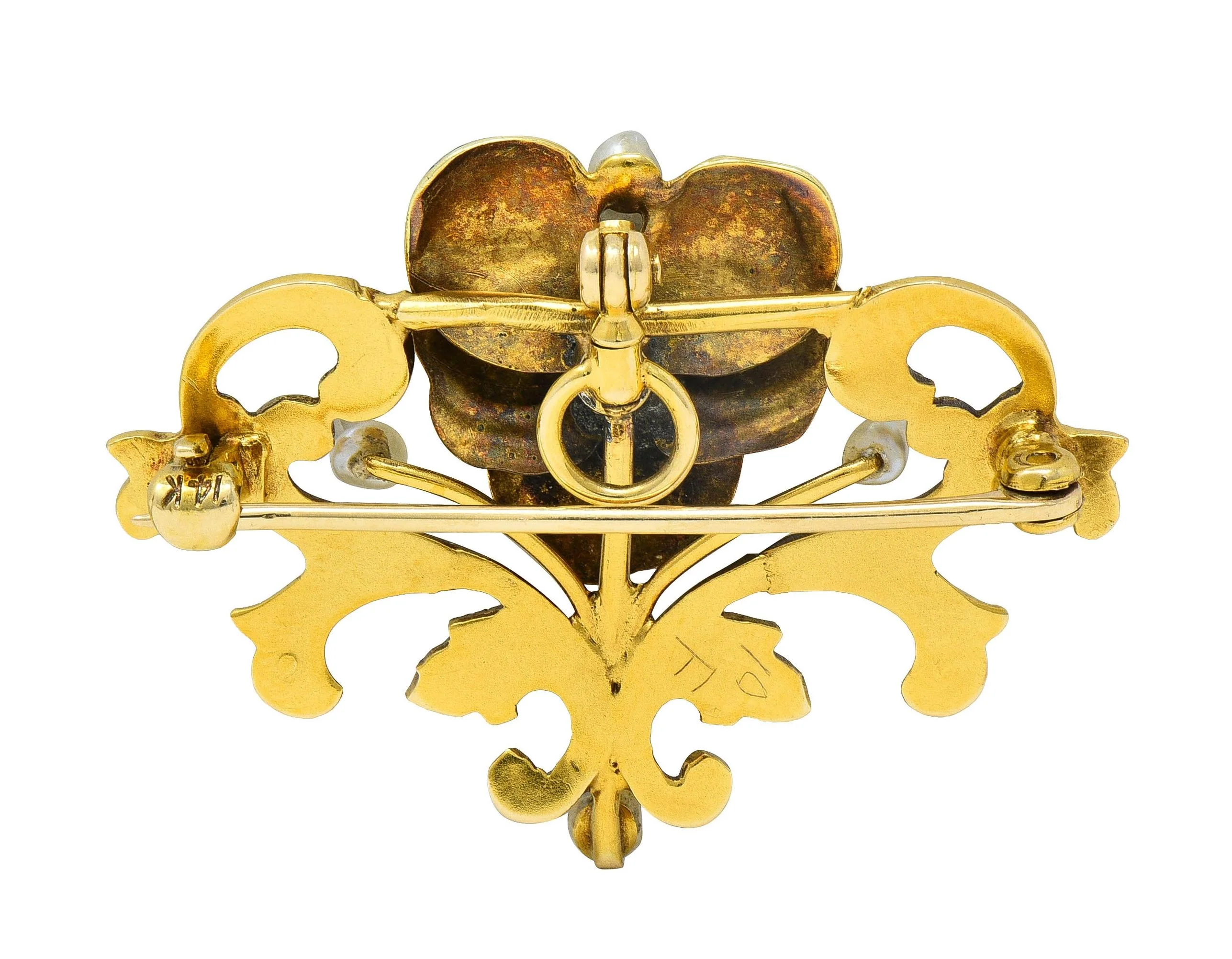 Art Nouveau Diamond Pearl Enamel 14 Karat Yellow Gold Antique Flower Pendant Brooch - Image 5