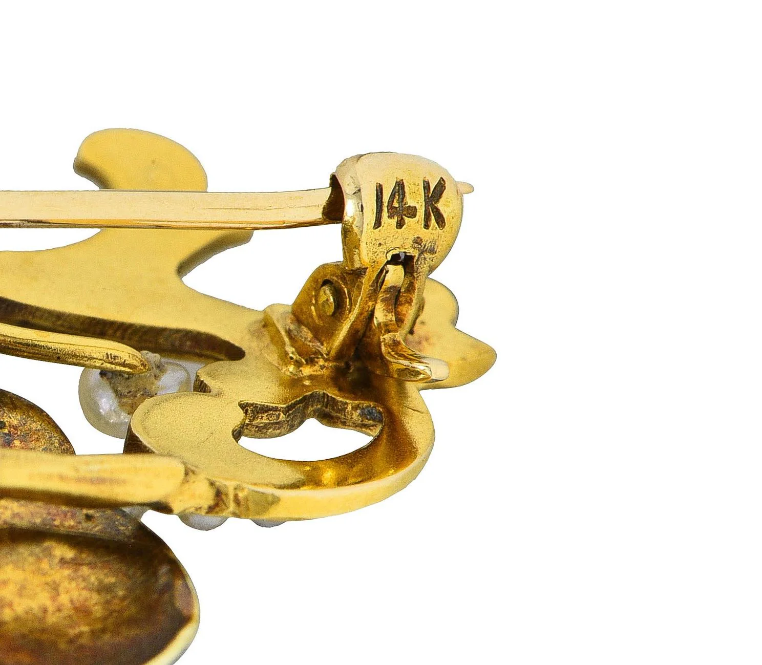 Art Nouveau Diamond Pearl Enamel 14 Karat Yellow Gold Antique Flower Pendant Brooch - Image 6
