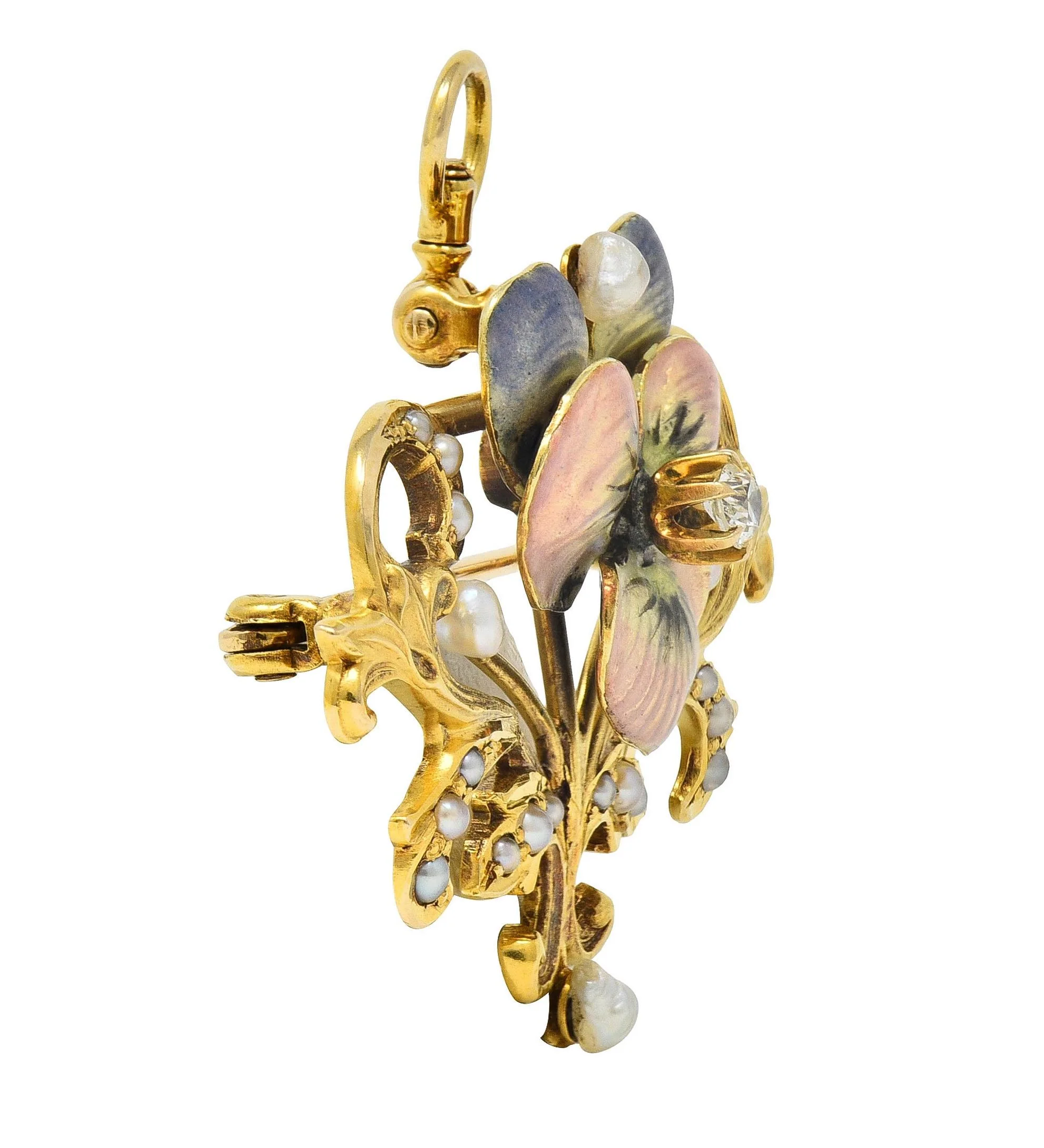 Art Nouveau Diamond Pearl Enamel 14 Karat Yellow Gold Antique Flower Pendant Brooch - Image 8