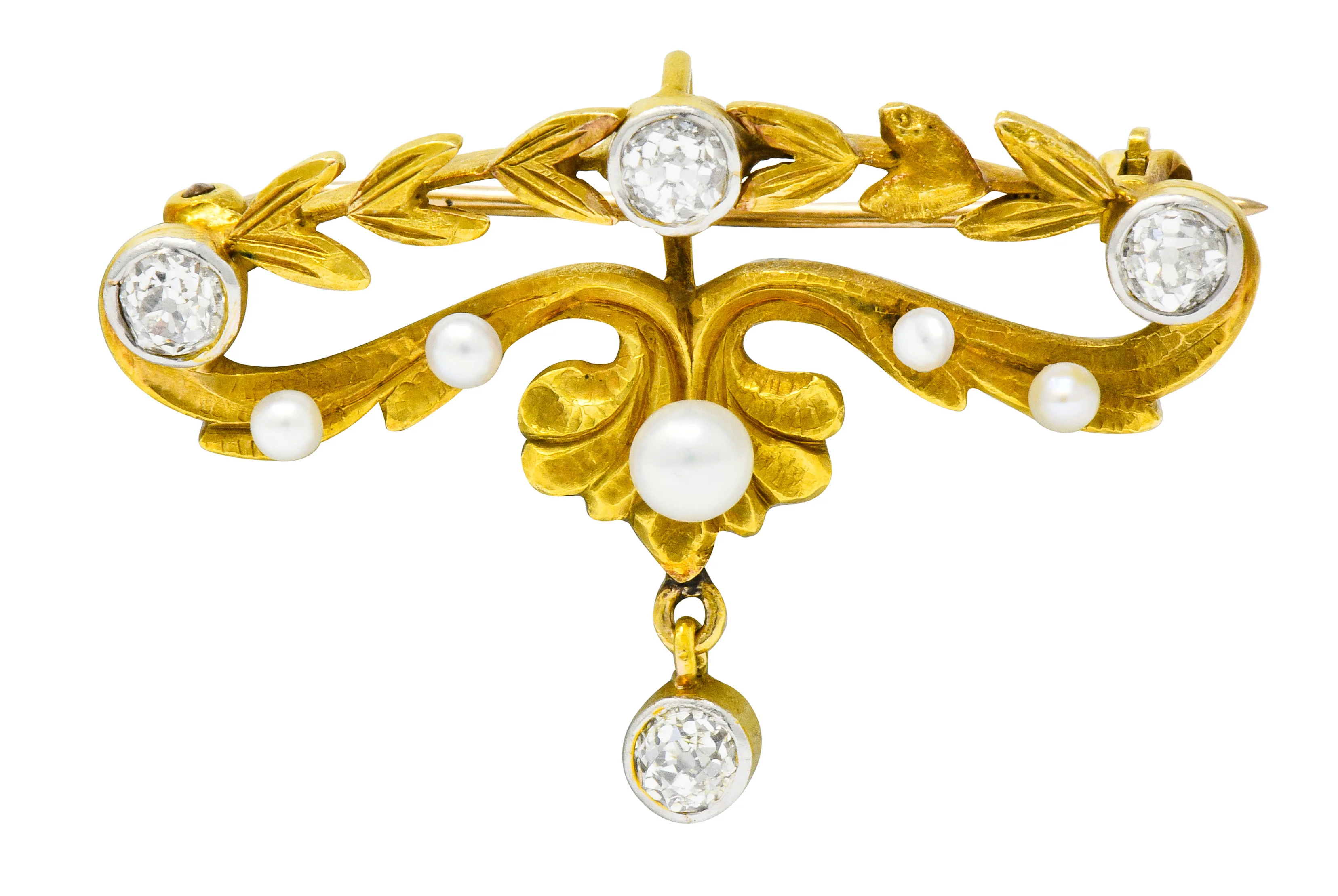 Art Nouveau Diamond Pearl Platinum-Topped 14 Karat Gold Articulated Foliate Brooch