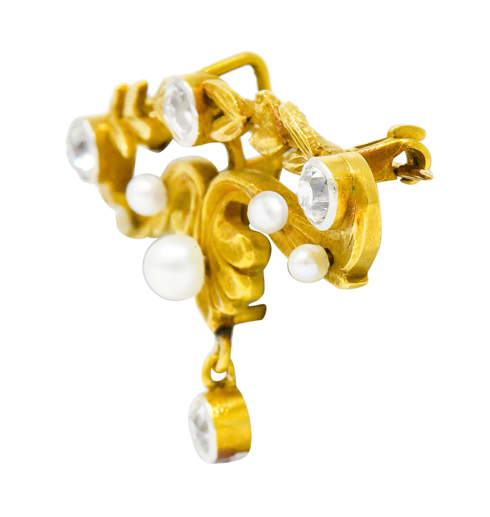 Art Nouveau Diamond Pearl Platinum-Topped 14 Karat Gold Articulated Foliate Brooch - Image 2