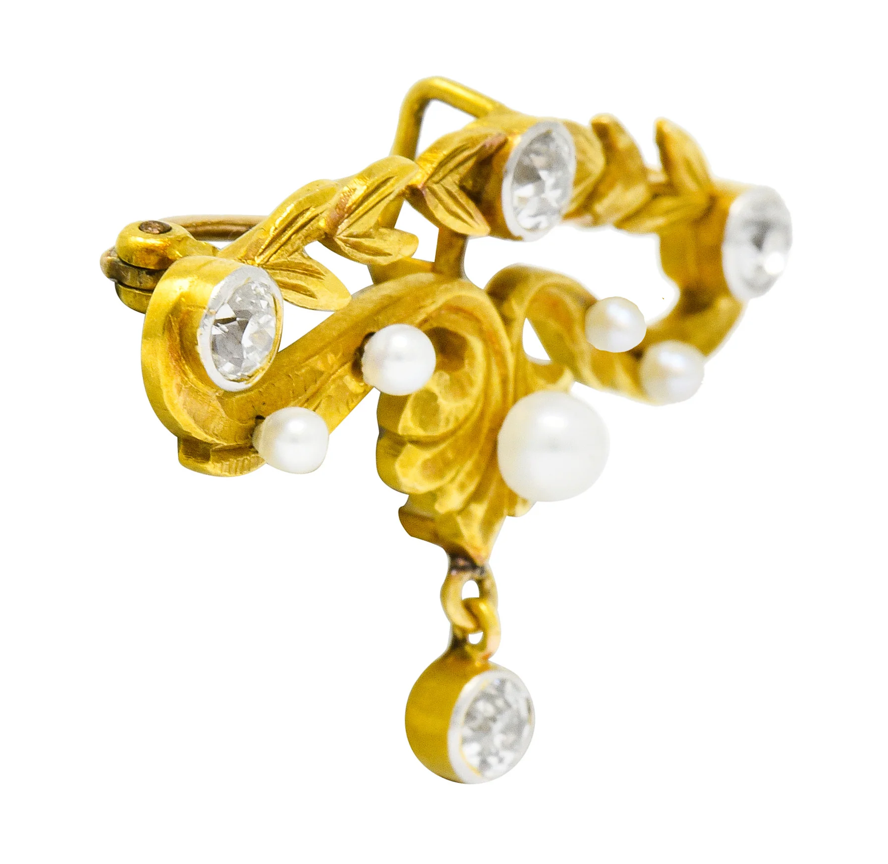 Art Nouveau Diamond Pearl Platinum-Topped 14 Karat Gold Articulated Foliate Brooch - Image 3