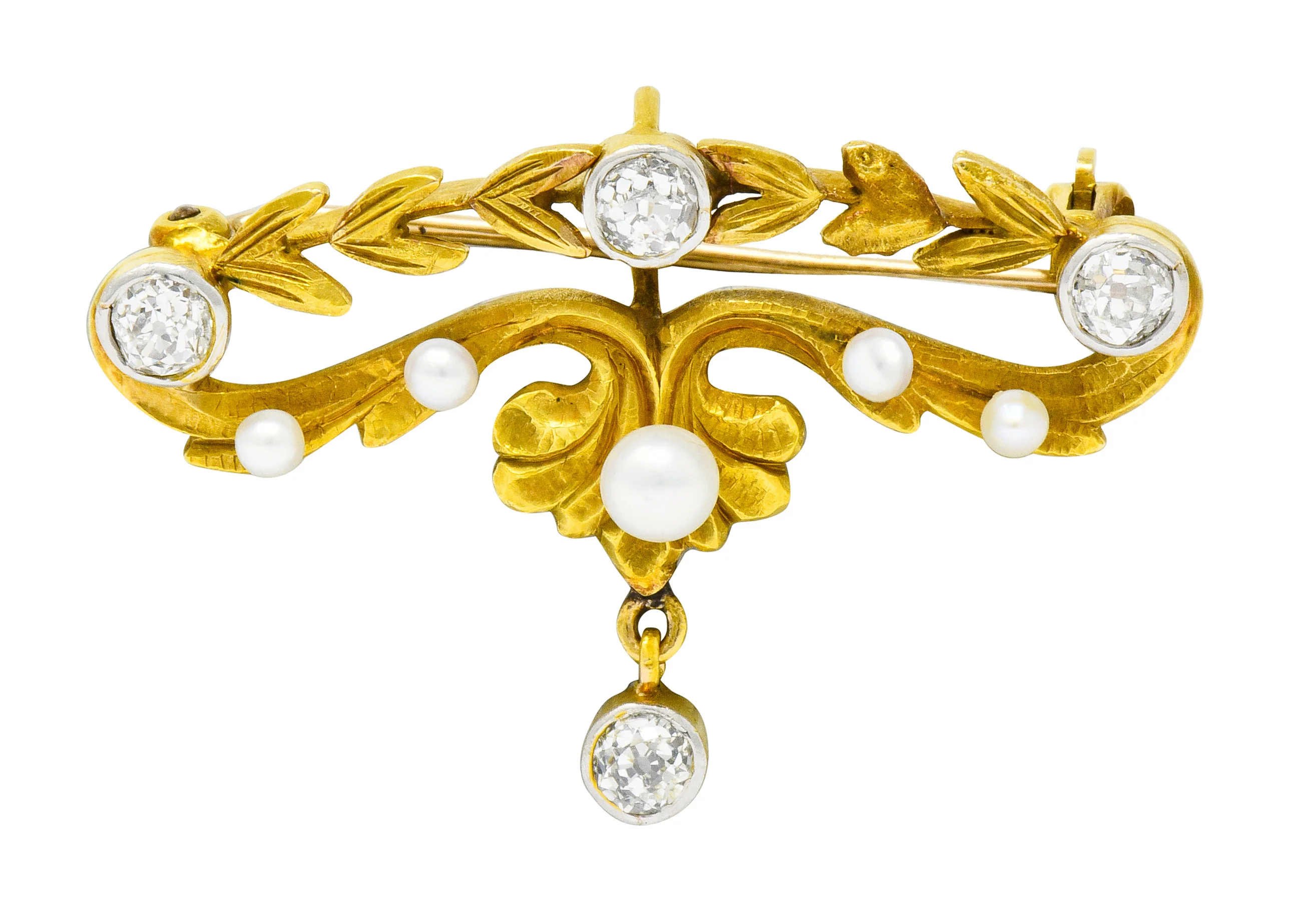 Art Nouveau Diamond Pearl Platinum-Topped 14 Karat Gold Articulated Foliate Brooch - Image 4