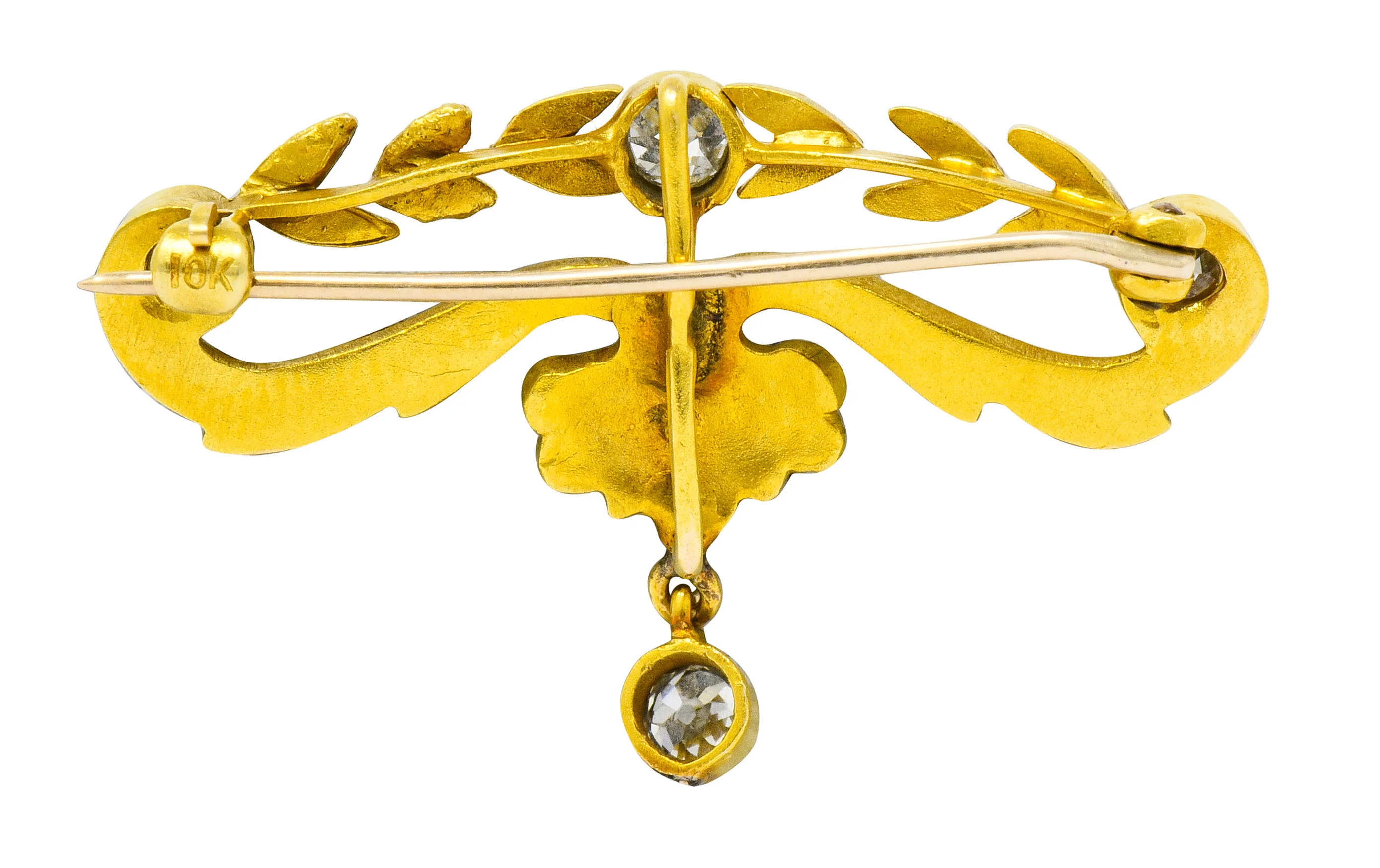 Art Nouveau Diamond Pearl Platinum-Topped 14 Karat Gold Articulated Foliate Brooch - Image 5