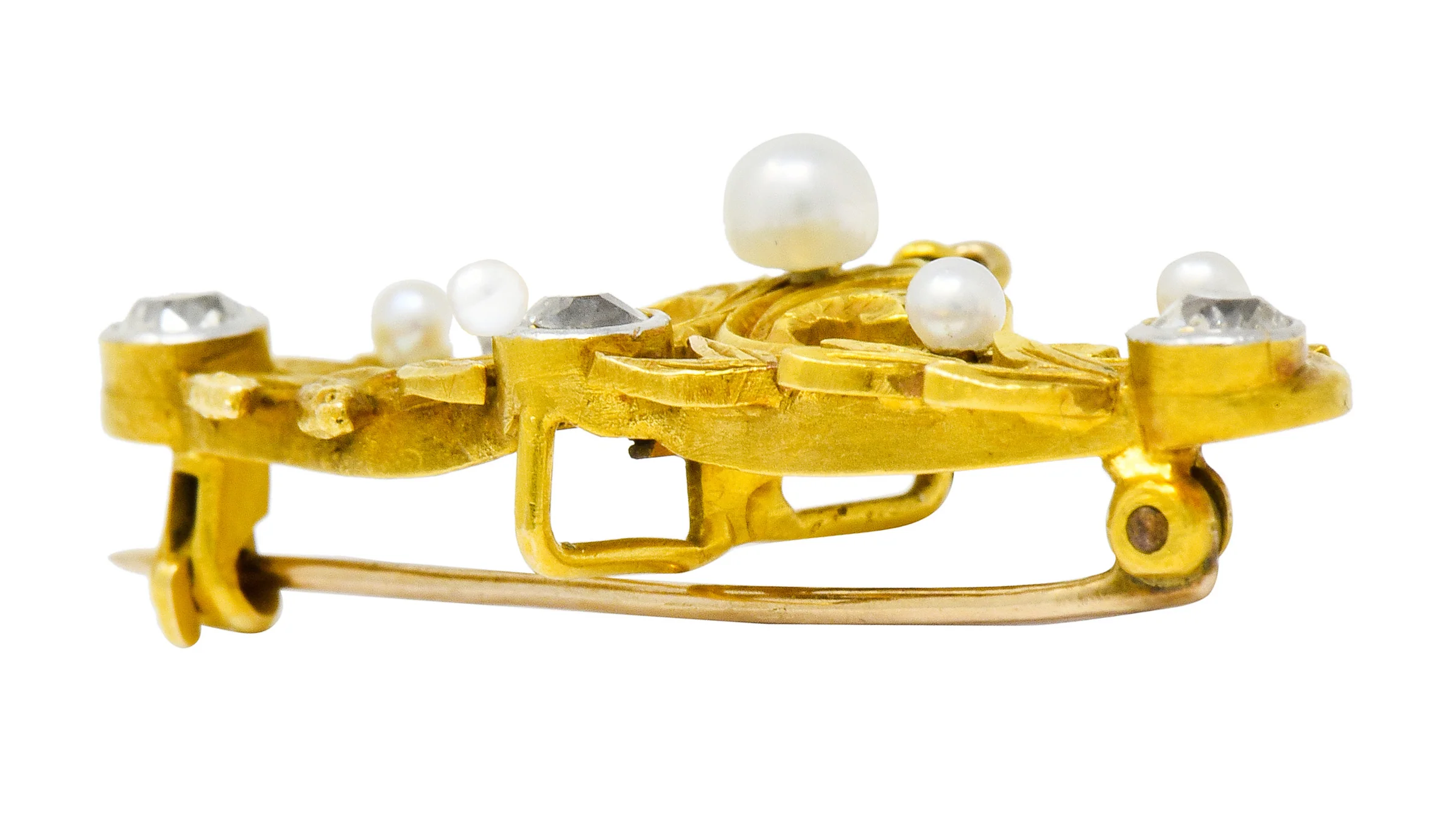 Art Nouveau Diamond Pearl Platinum-Topped 14 Karat Gold Articulated Foliate Brooch - Image 7