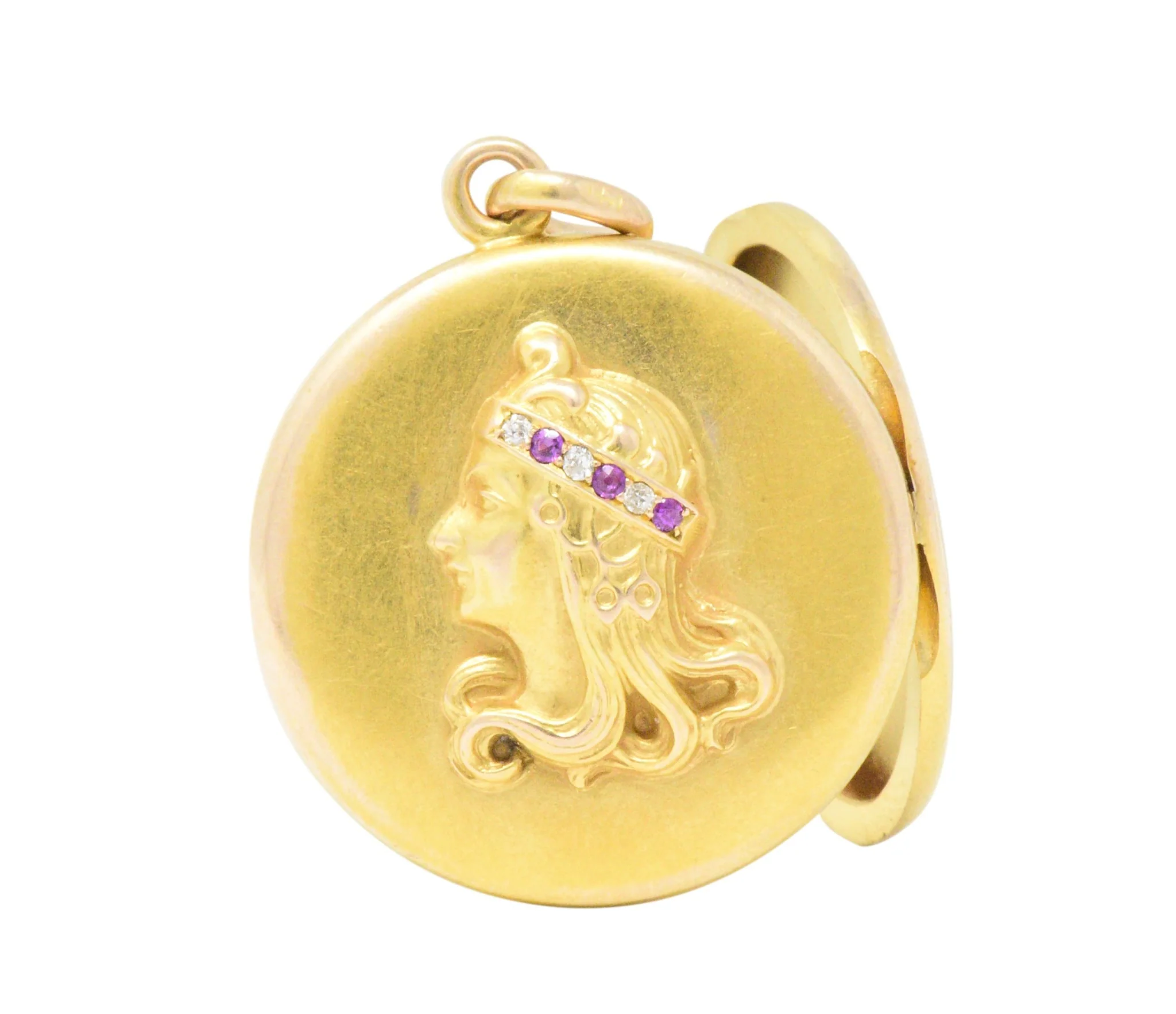 Art Nouveau Diamond Ruby 14 Karat Gold Locket Pendant - Image 5