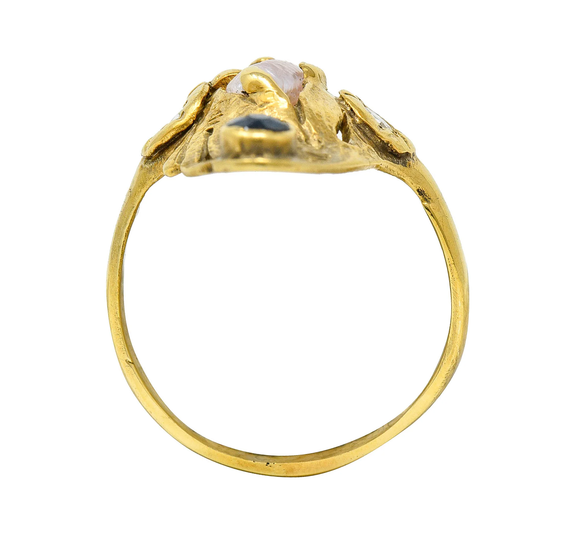 Art Nouveau Diamond Sapphire Pearl 14 Karat Gold Ring - Image 7