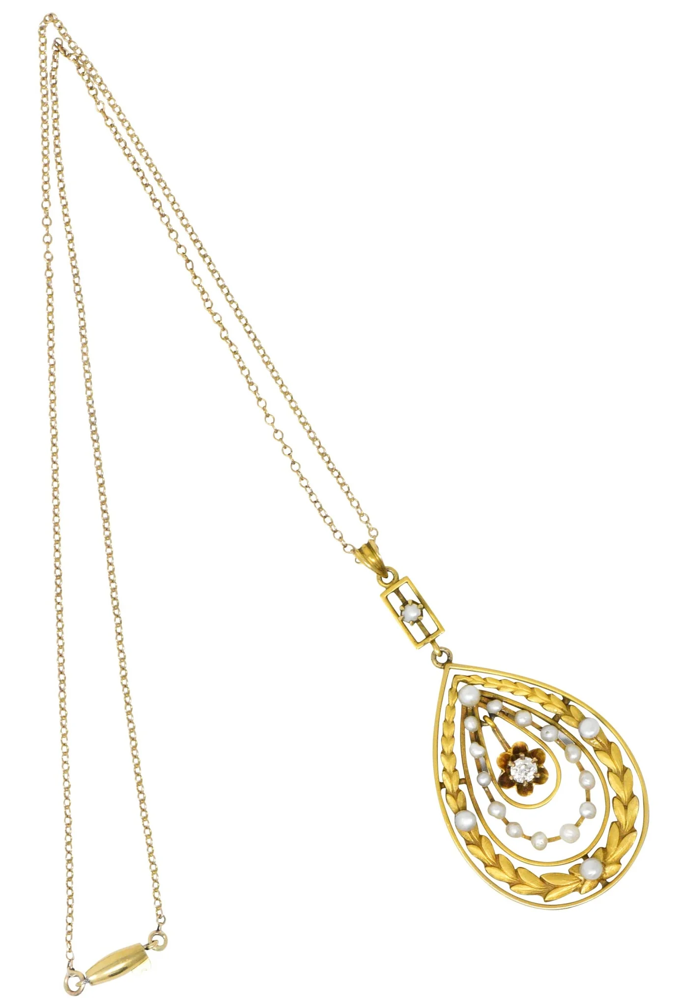 Art Nouveau Diamond Seed Pearl 14 Karat Gold Drop Pendant Necklace - Image 6