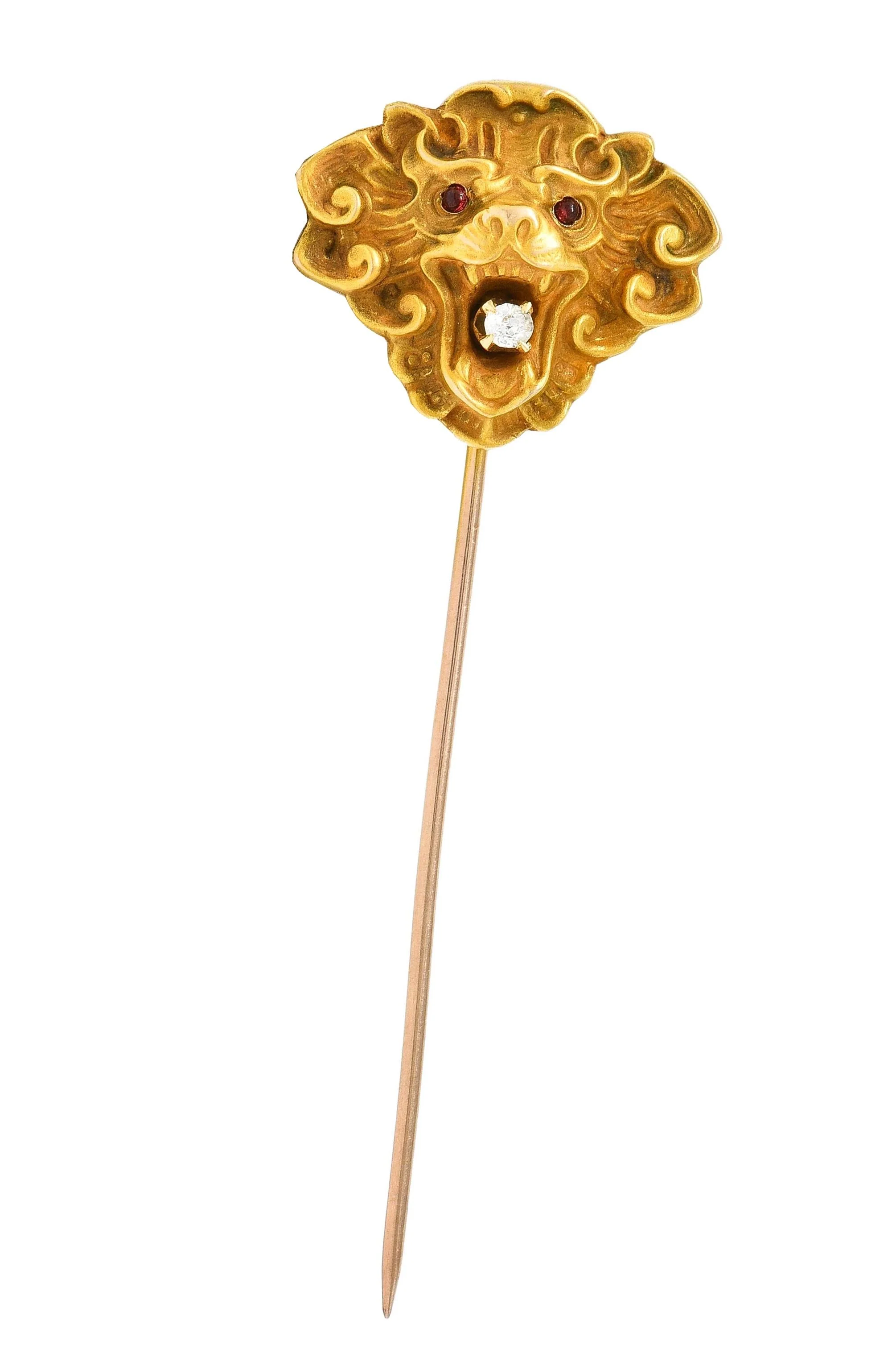 Art Nouveau Diamond Tourmaline 14 Karat Yellow Gold Antique Lion Stickpin - Image 2