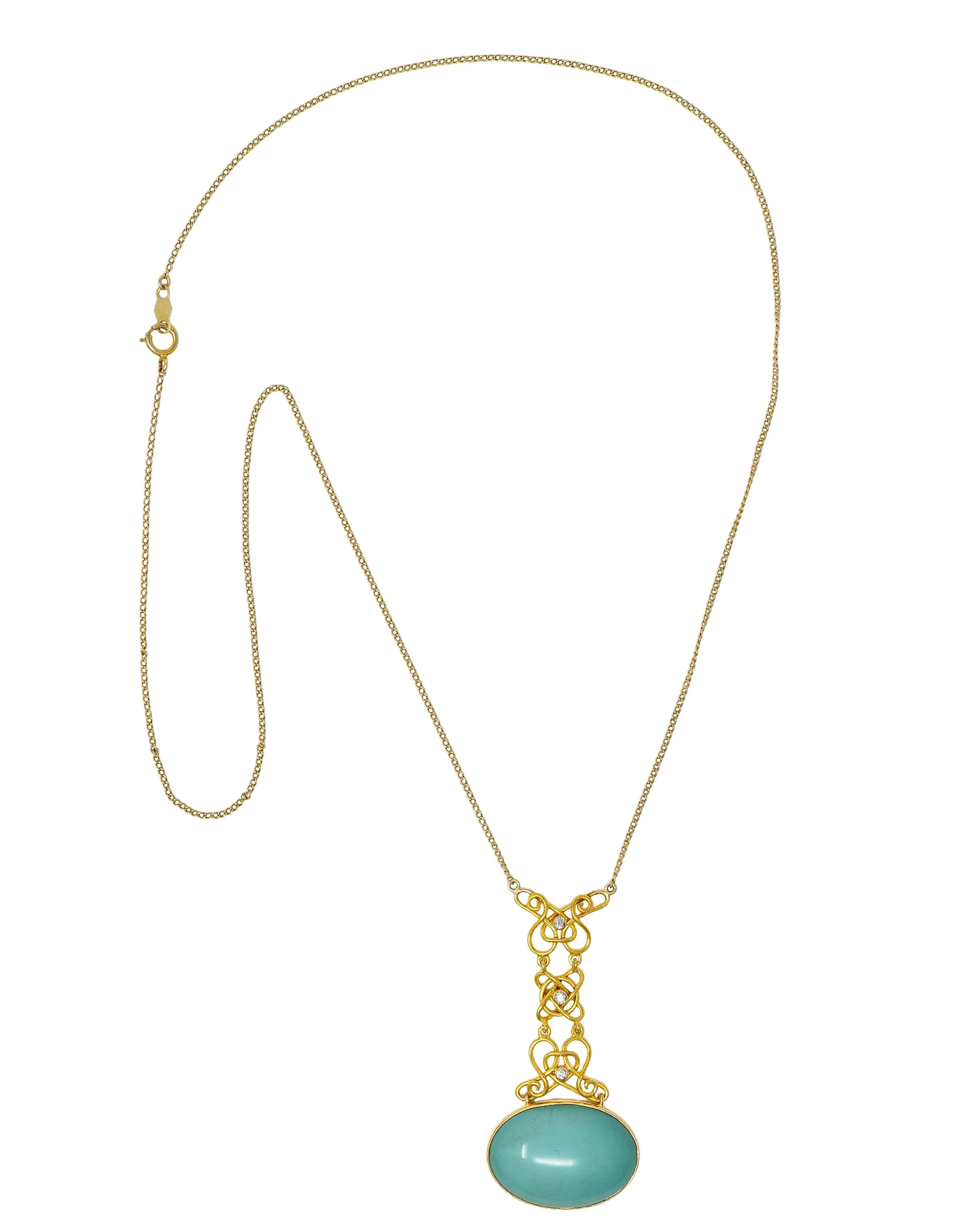 Art Nouveau Diamond Turquoise 14 Karat Yellow Gold Antique Station Chain Necklace - Image 3