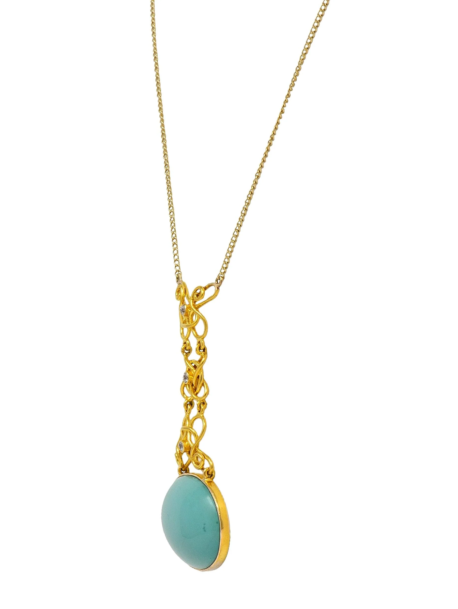 Art Nouveau Diamond Turquoise 14 Karat Yellow Gold Antique Station Chain Necklace - Image 4