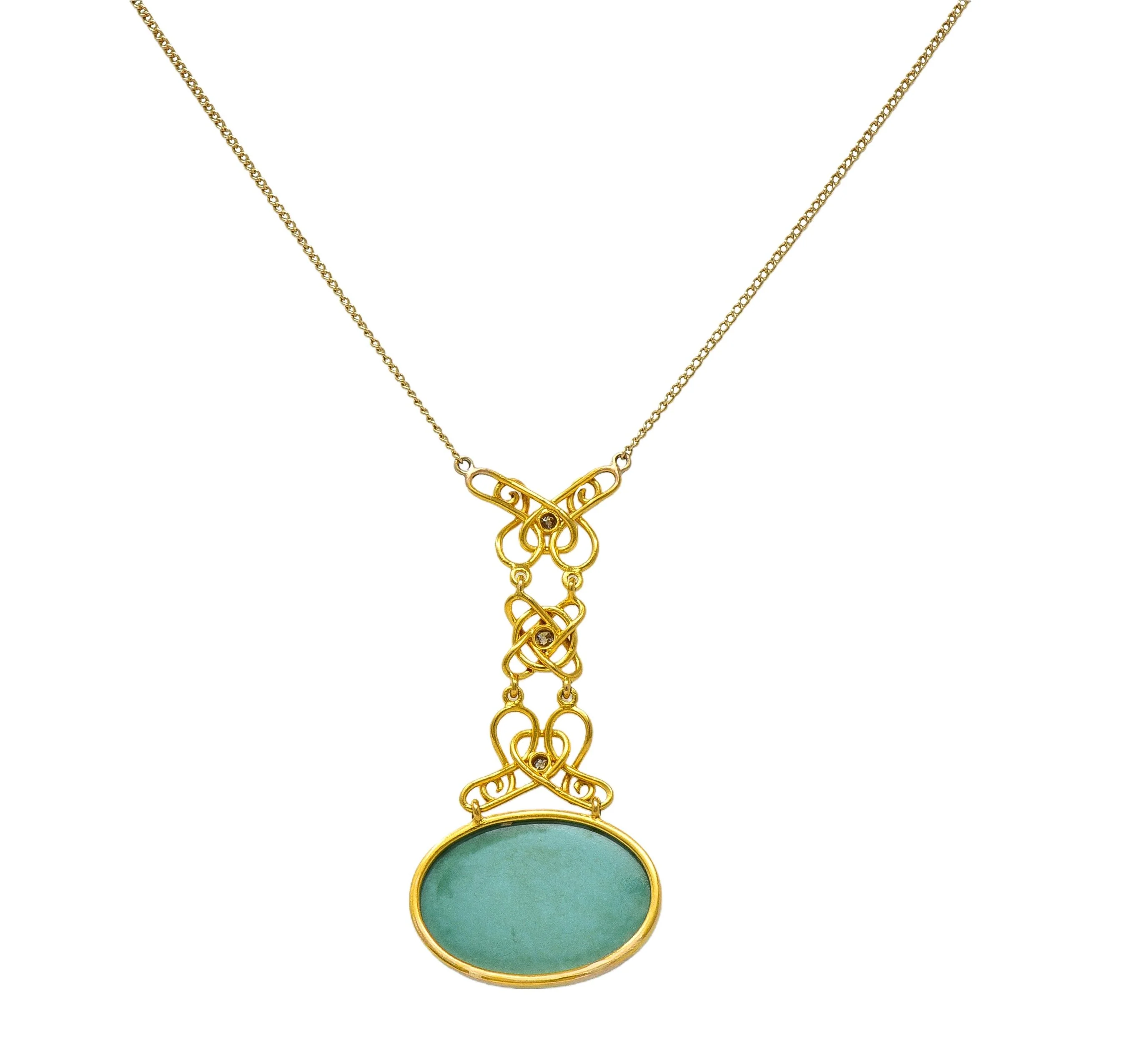 Art Nouveau Diamond Turquoise 14 Karat Yellow Gold Antique Station Chain Necklace - Image 5
