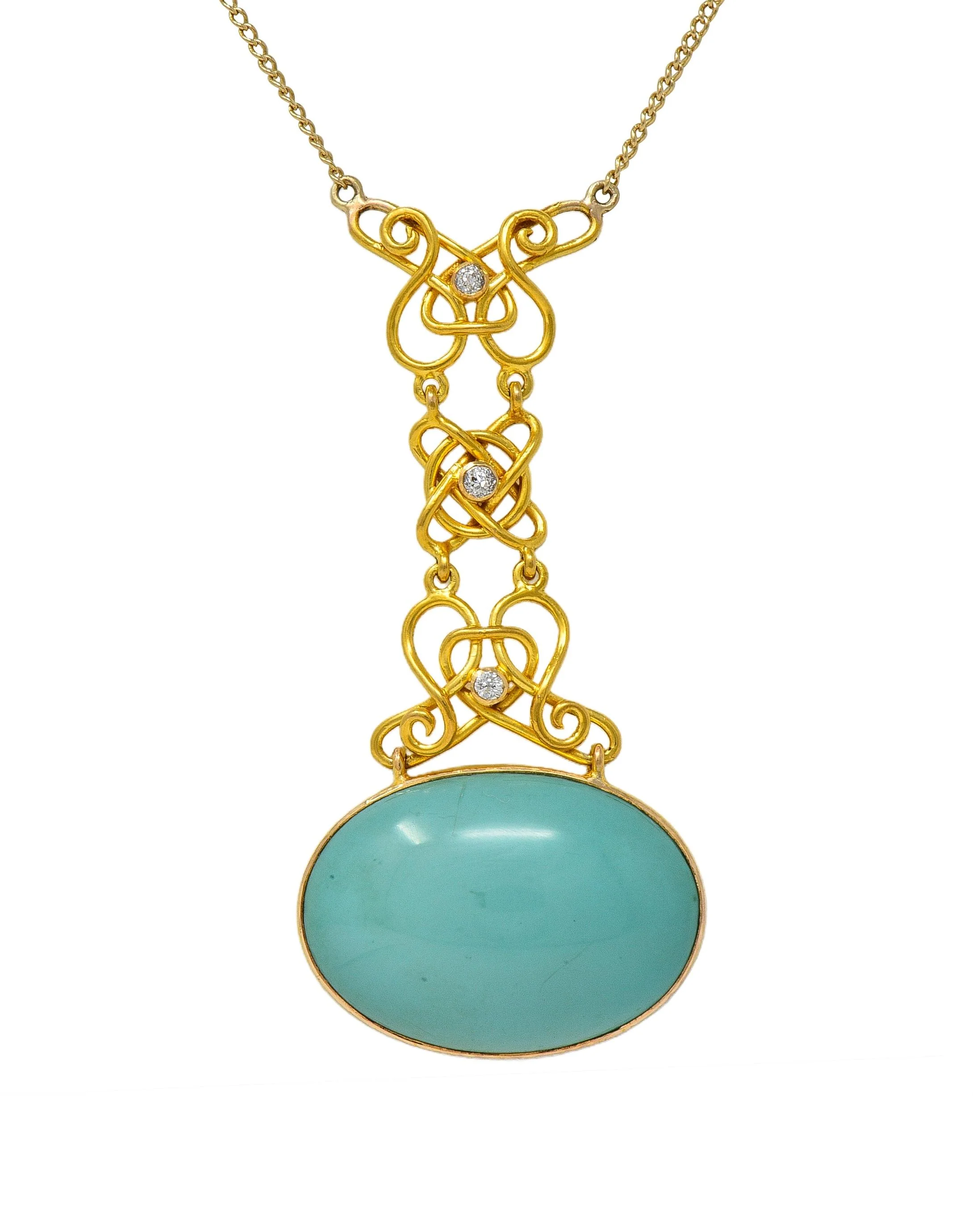 Art Nouveau Diamond Turquoise 14 Karat Yellow Gold Antique Station Chain Necklace - Image 8