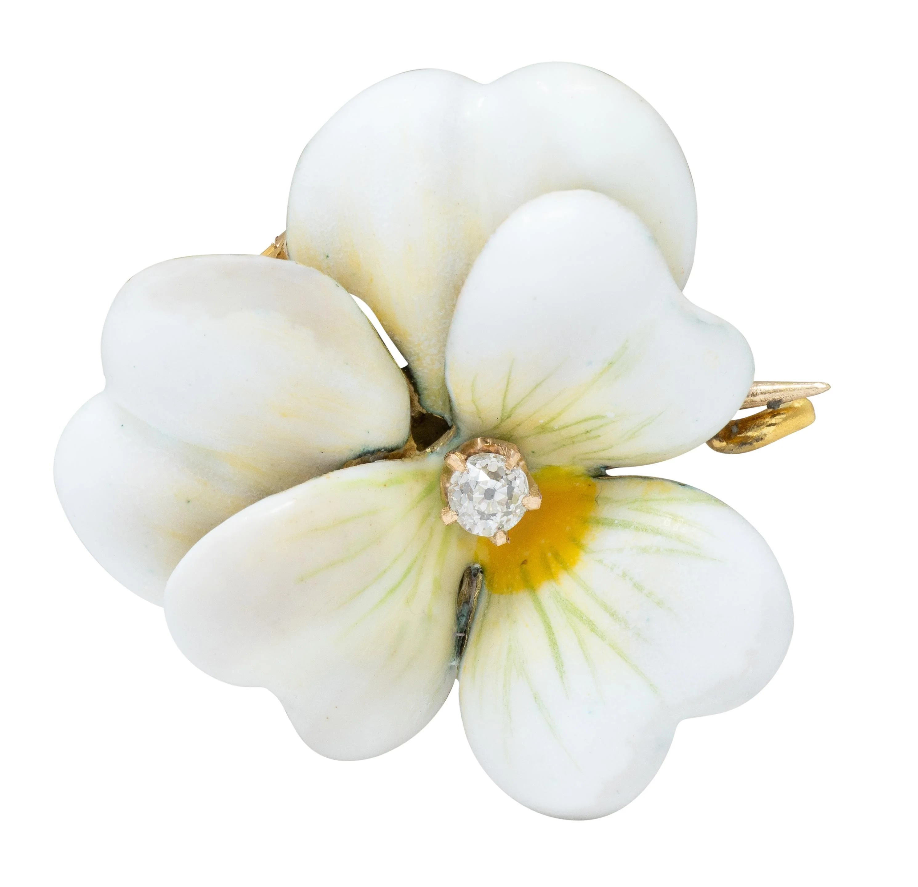 Art Nouveau Diamond White Enamel 14 Karat Yellow Gold Antique Pansy Pendant Brooch - Image 3