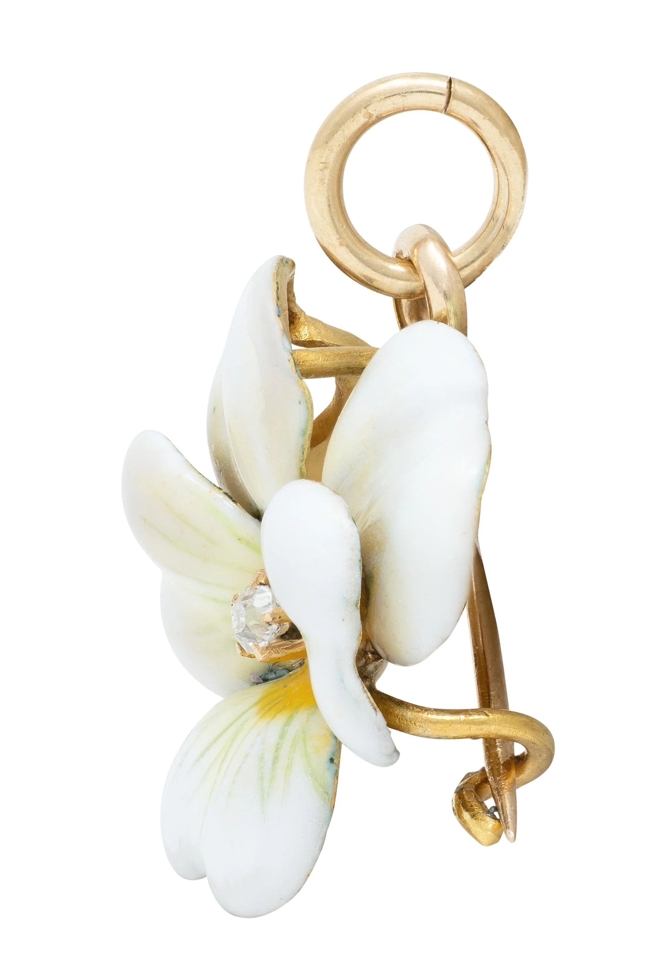 Art Nouveau Diamond White Enamel 14 Karat Yellow Gold Antique Pansy Pendant Brooch - Image 4