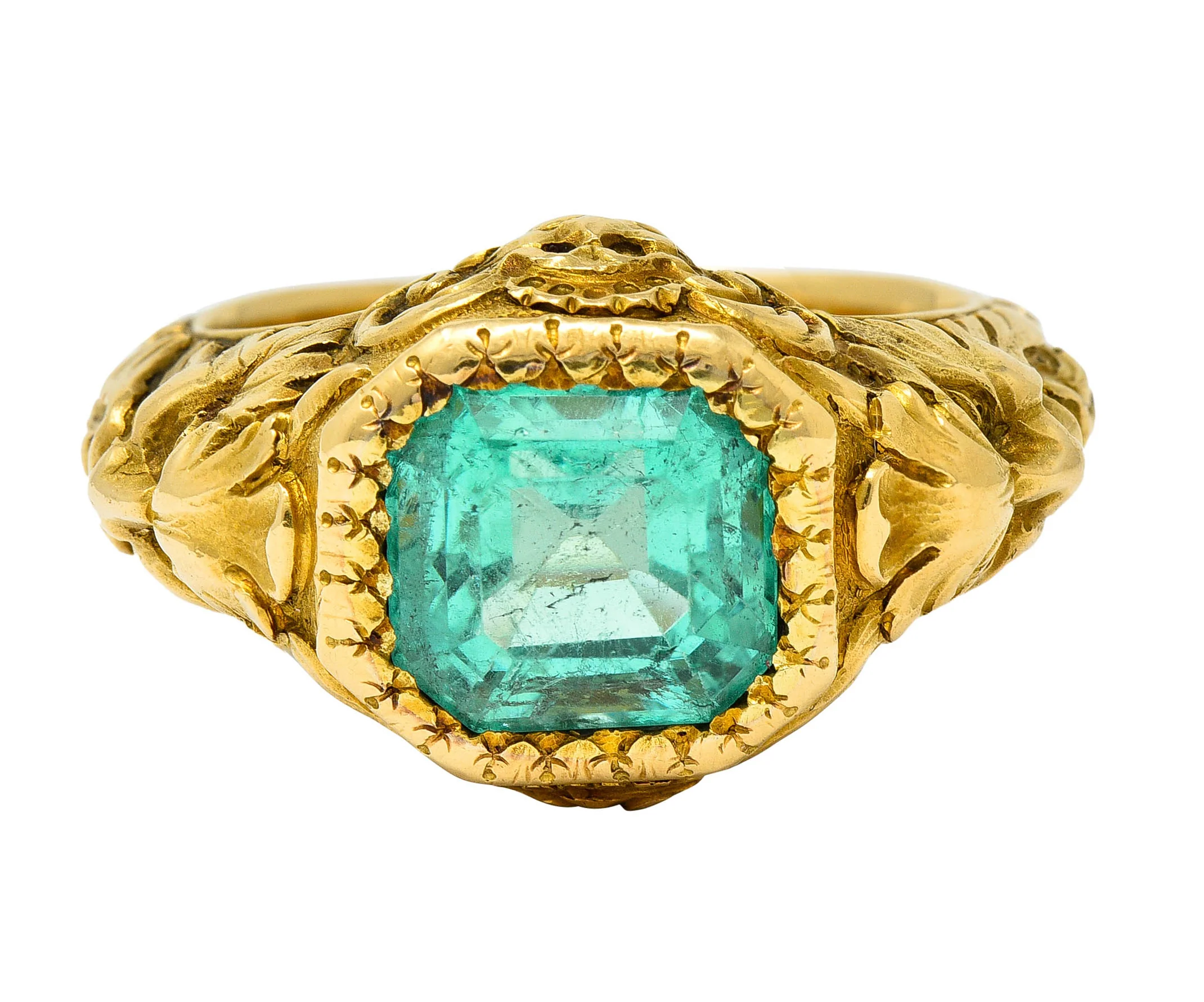 Art Nouveau Emerald 18 Karat Gold Green Man Unisex Men's Signet Ring - Image 2