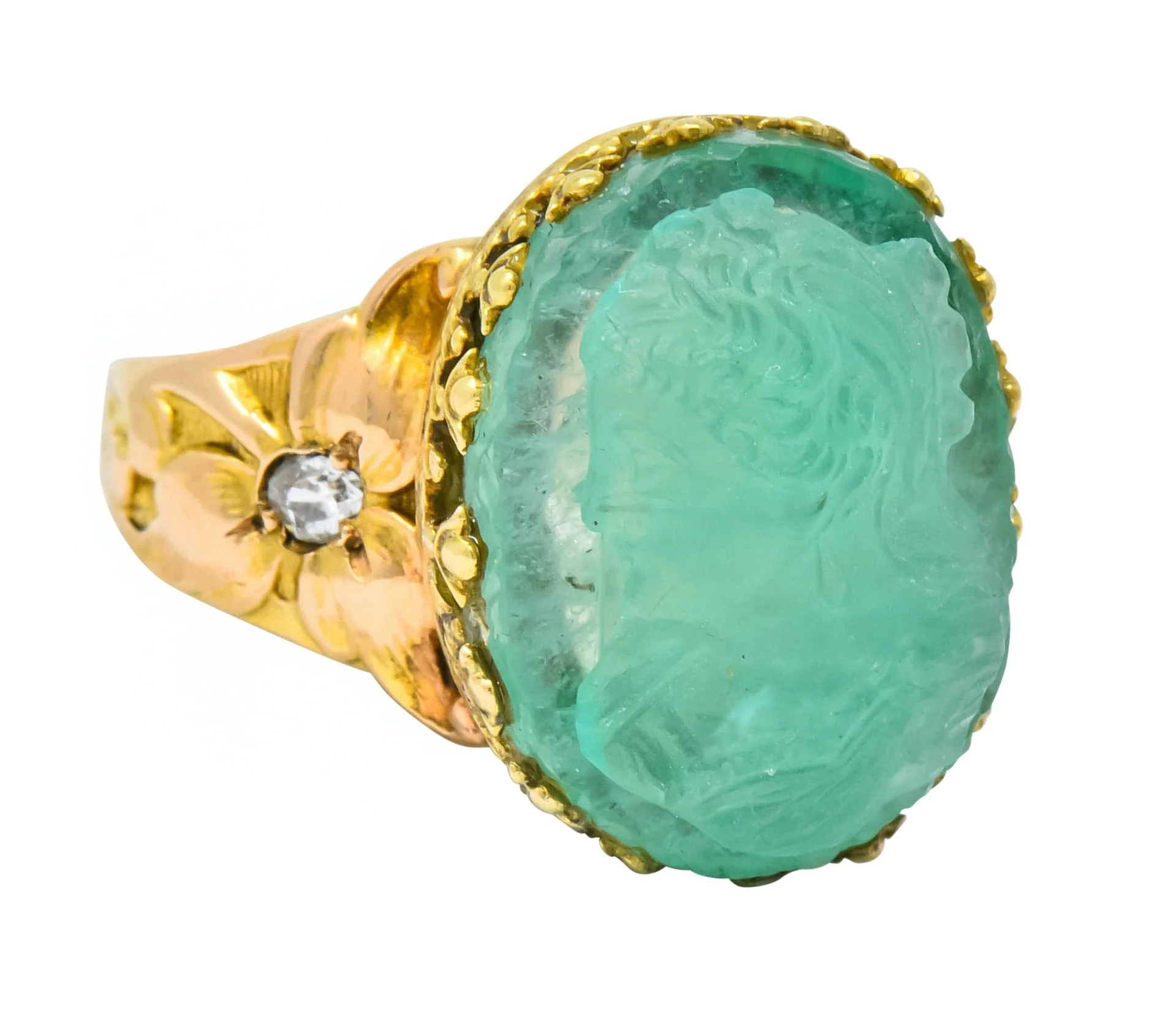 Art Nouveau Emerald Diamond 14 Karat Gold Cameo Ring - Image 2