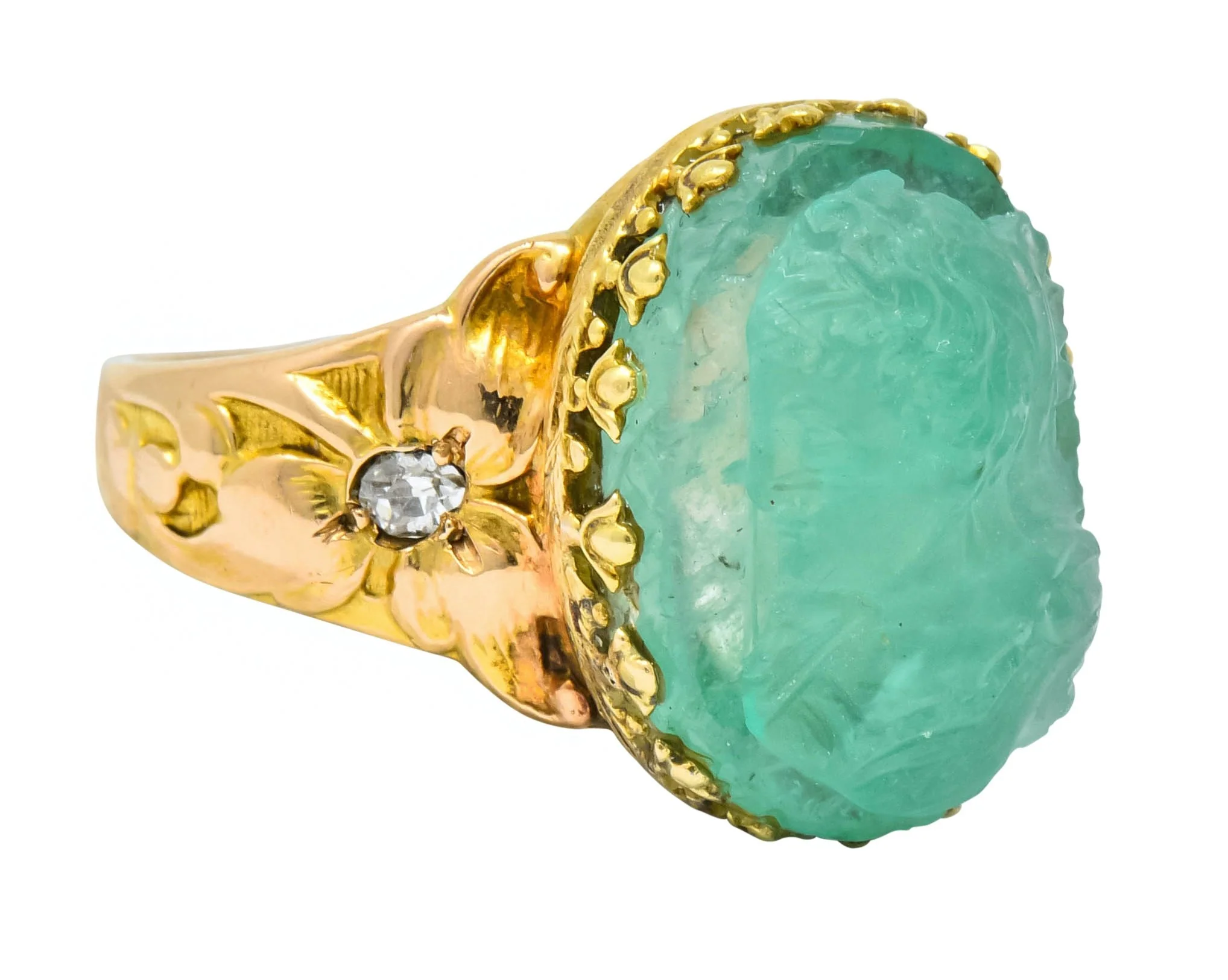 Art Nouveau Emerald Diamond 14 Karat Gold Cameo Ring - Image 3