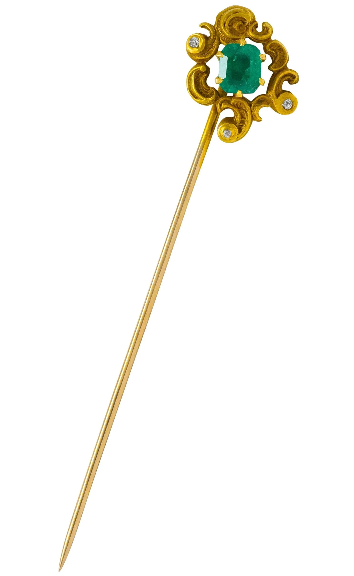 Art Nouveau Emerald Diamond Paisley Whiplash Stickpin - Image 2