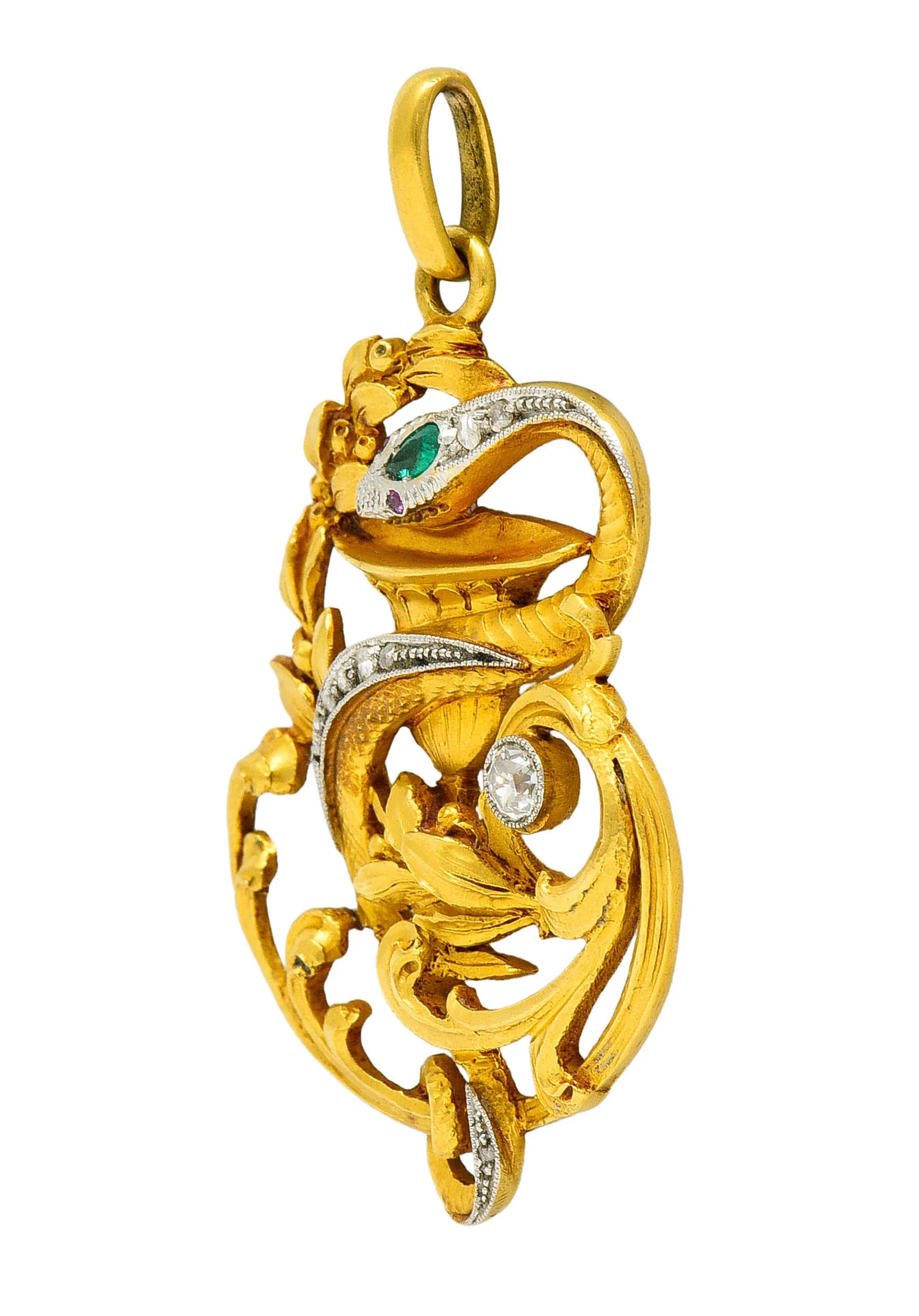 Art Nouveau Emerald Diamond Platinum-Topped 18 Karat Gold Snake Pendant - Image 4