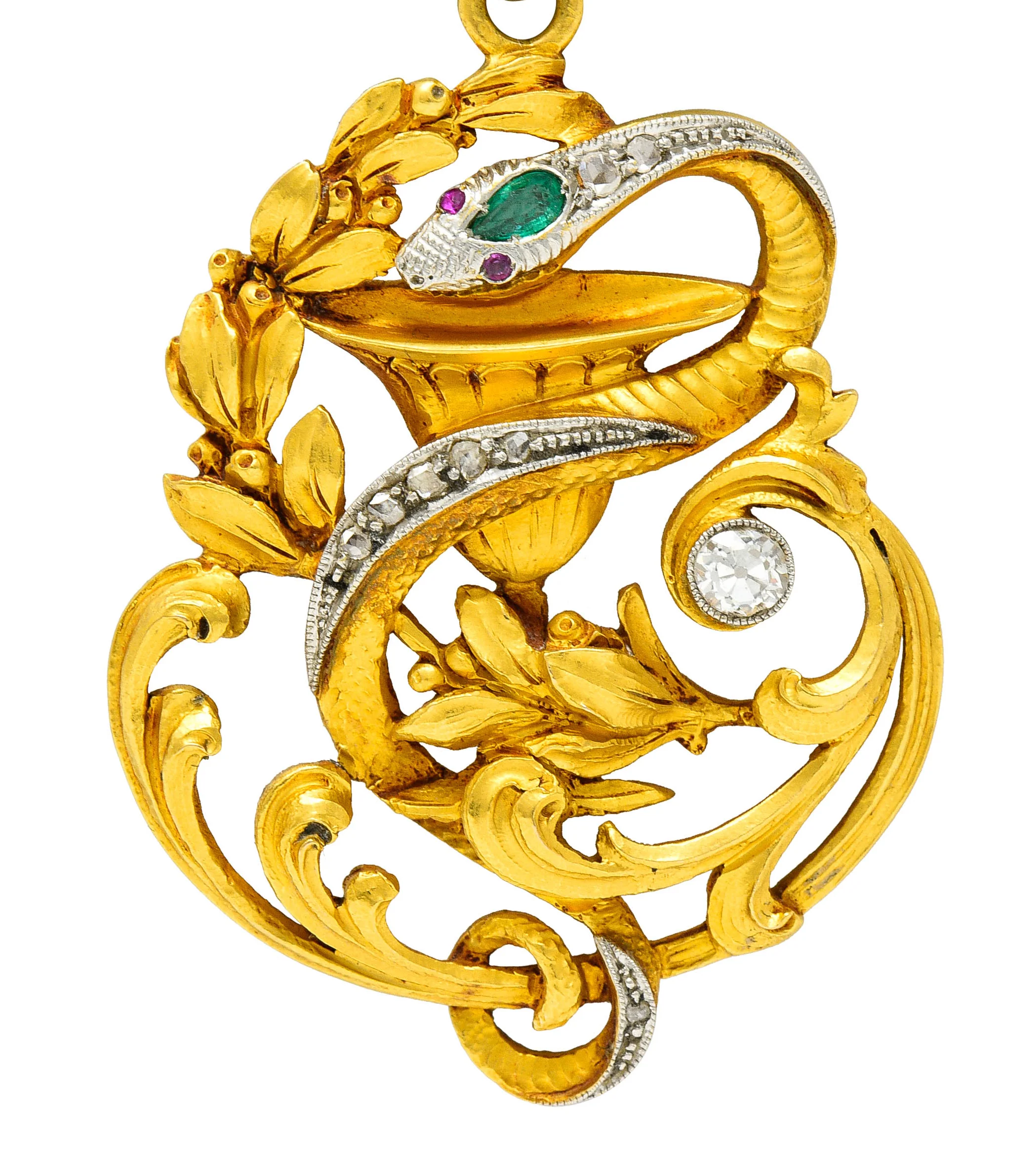 Art Nouveau Emerald Diamond Platinum-Topped 18 Karat Gold Snake Pendant - Image 5
