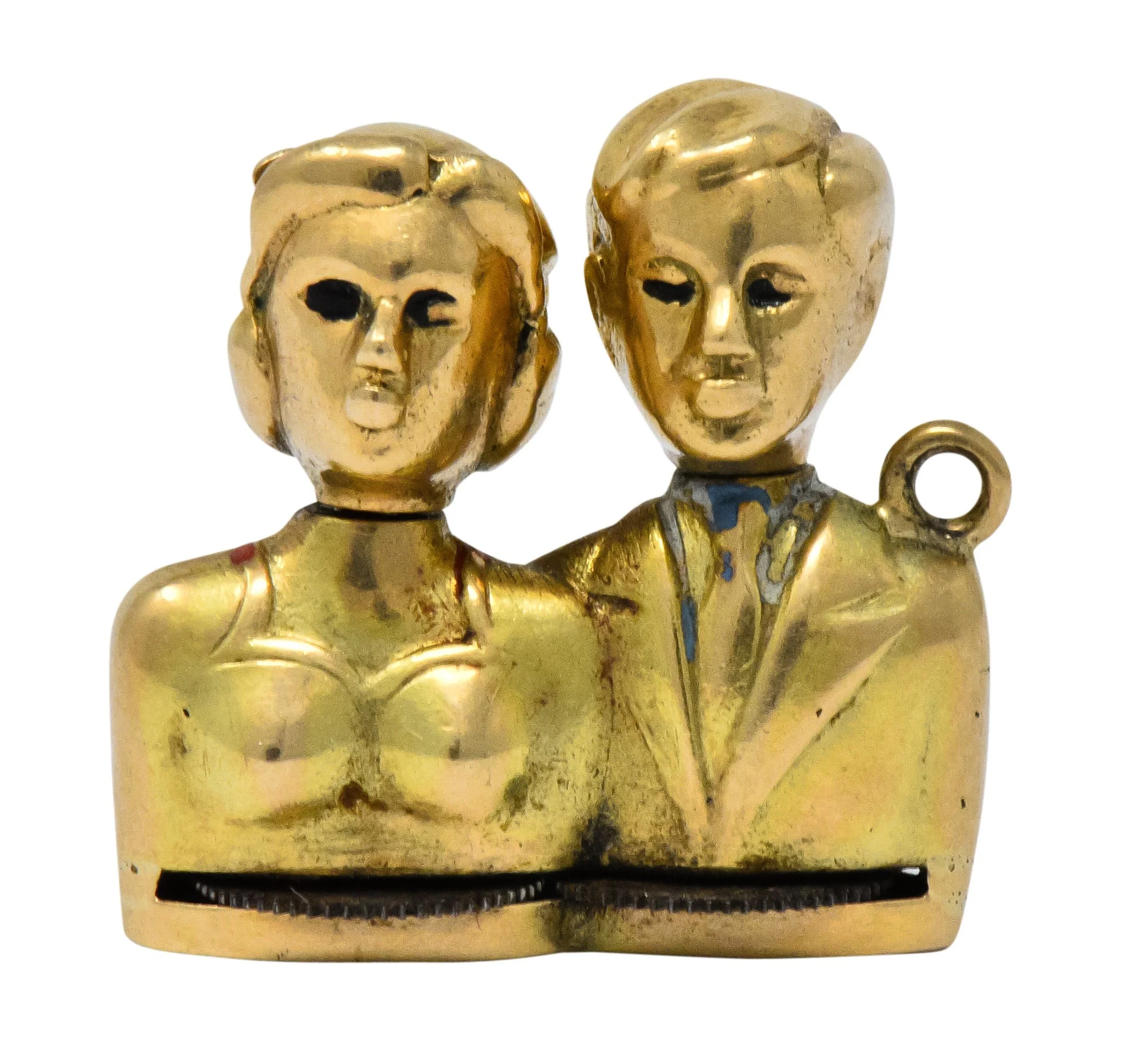 Art Nouveau Enamel 14 Karat Gold Moveable Kissing Couple Charm