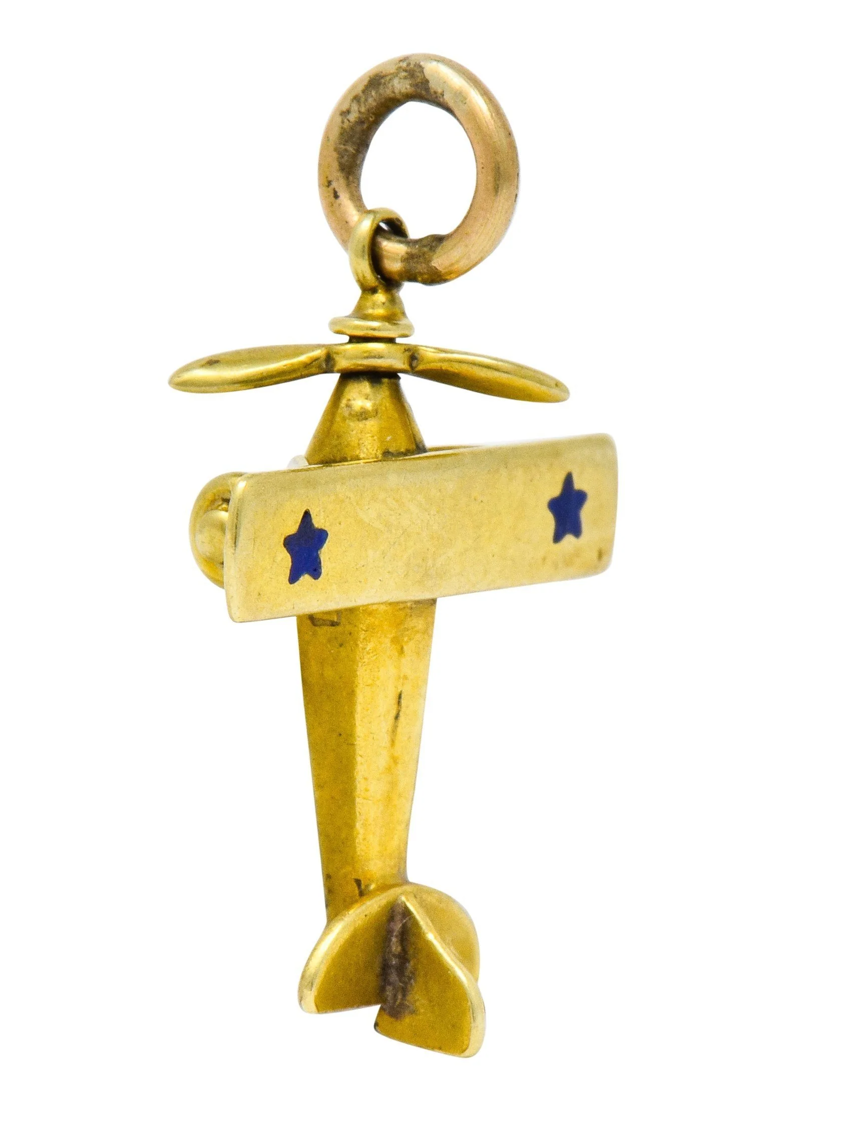 Art Nouveau Enamel 14 Karat Gold Star Propeller Plane Charm - Image 3
