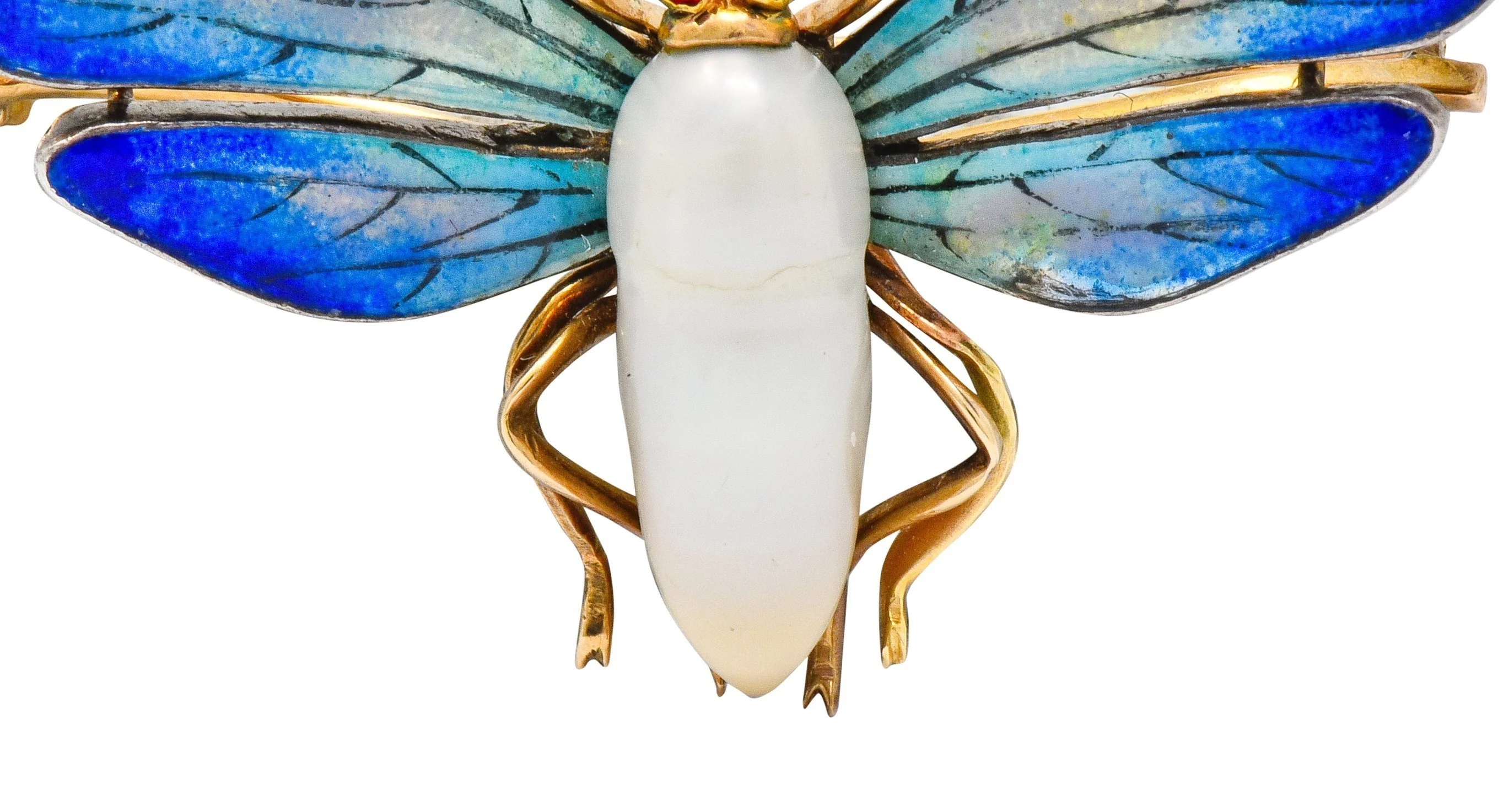 Art Nouveau Enamel Baroque Pearl 14 Karat Gold Butterfly Brooch - Image 6