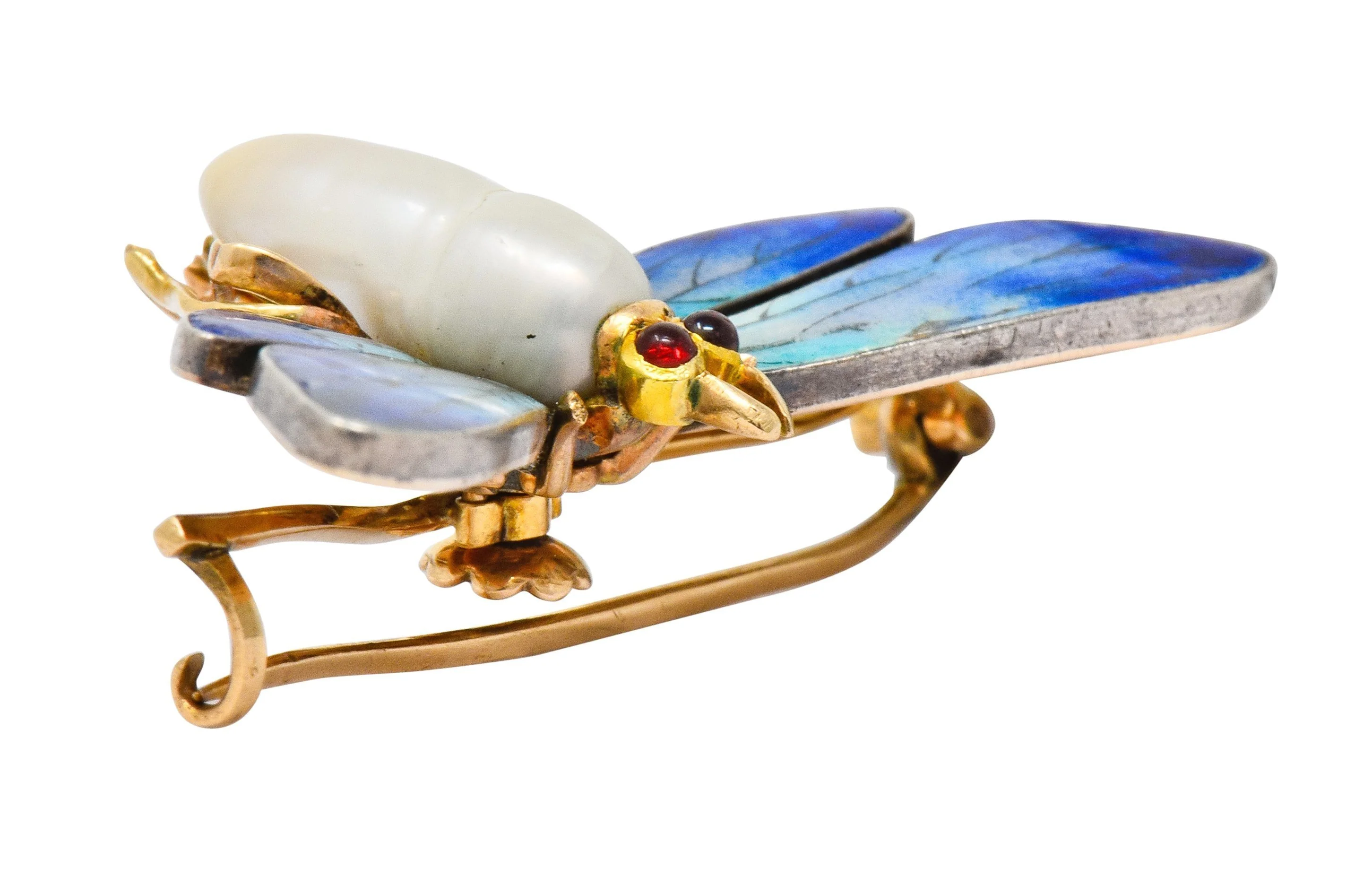 Art Nouveau Enamel Baroque Pearl 14 Karat Gold Butterfly Brooch - Image 8