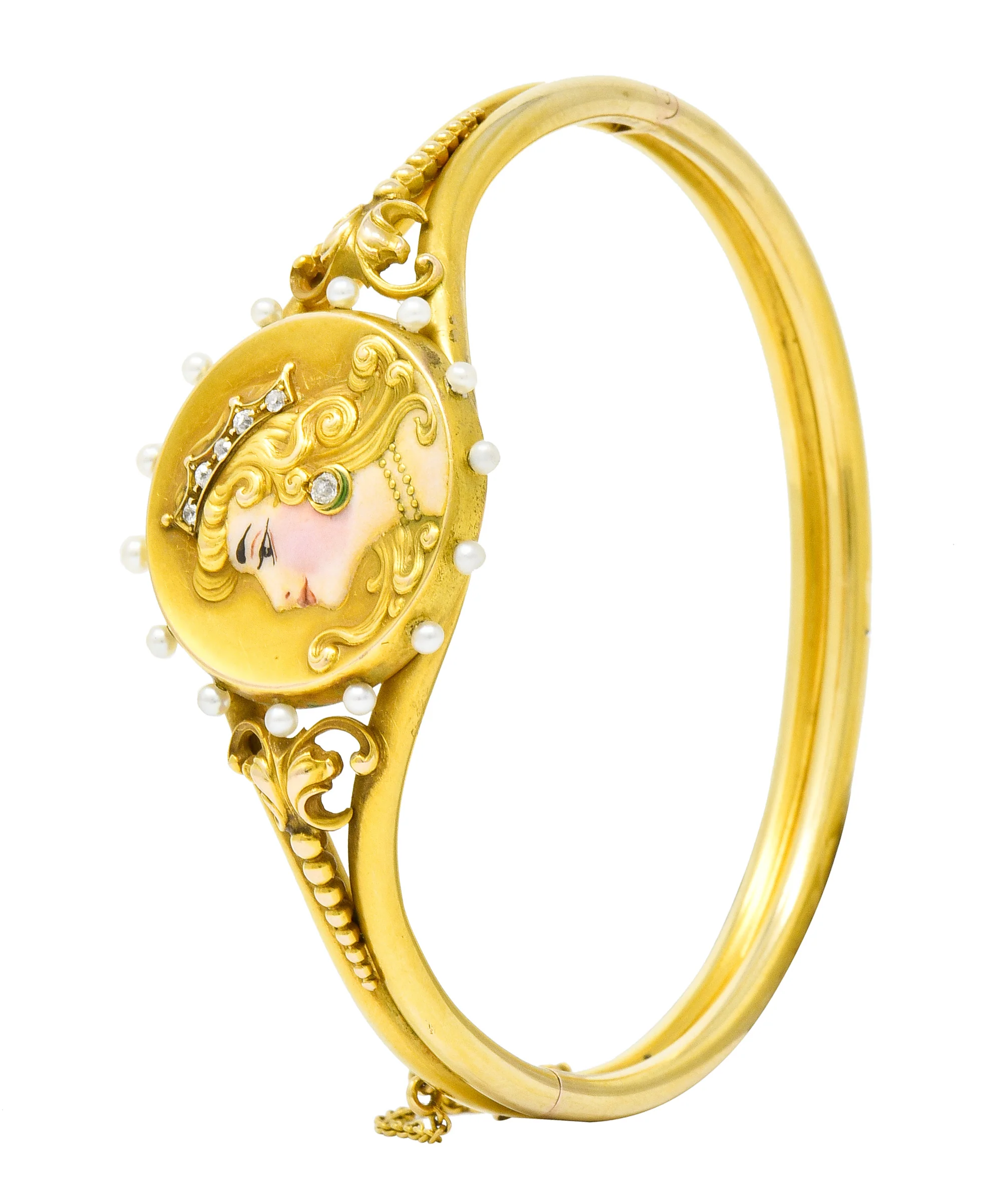 Art Nouveau Enamel Diamond Pearl 14 Karat Gold Princess Bangle Bracelet - Image 10