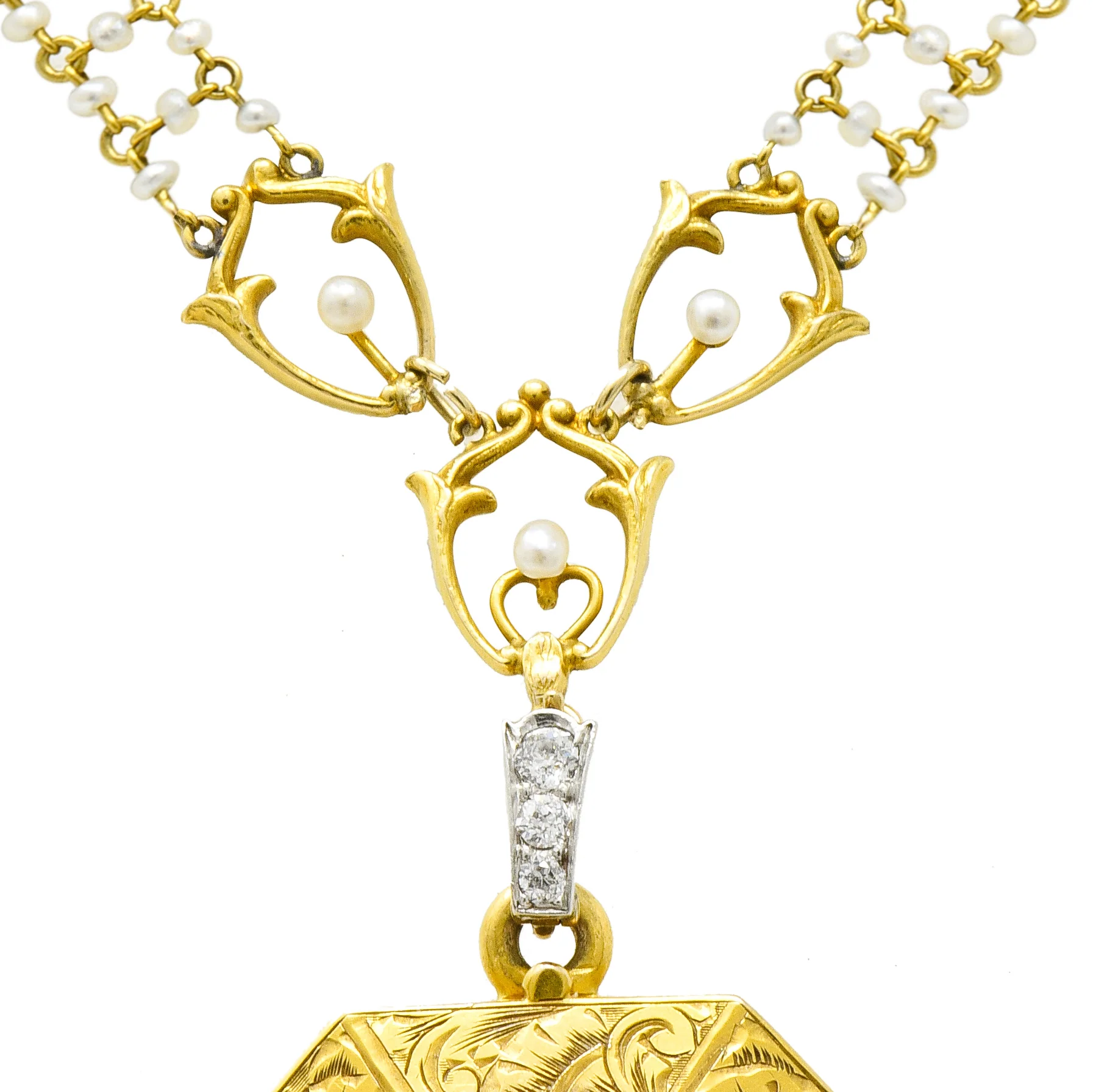 Art Nouveau Enamel Diamond Pearl 14 Karat Gold Princess Locket Necklace - Image 14