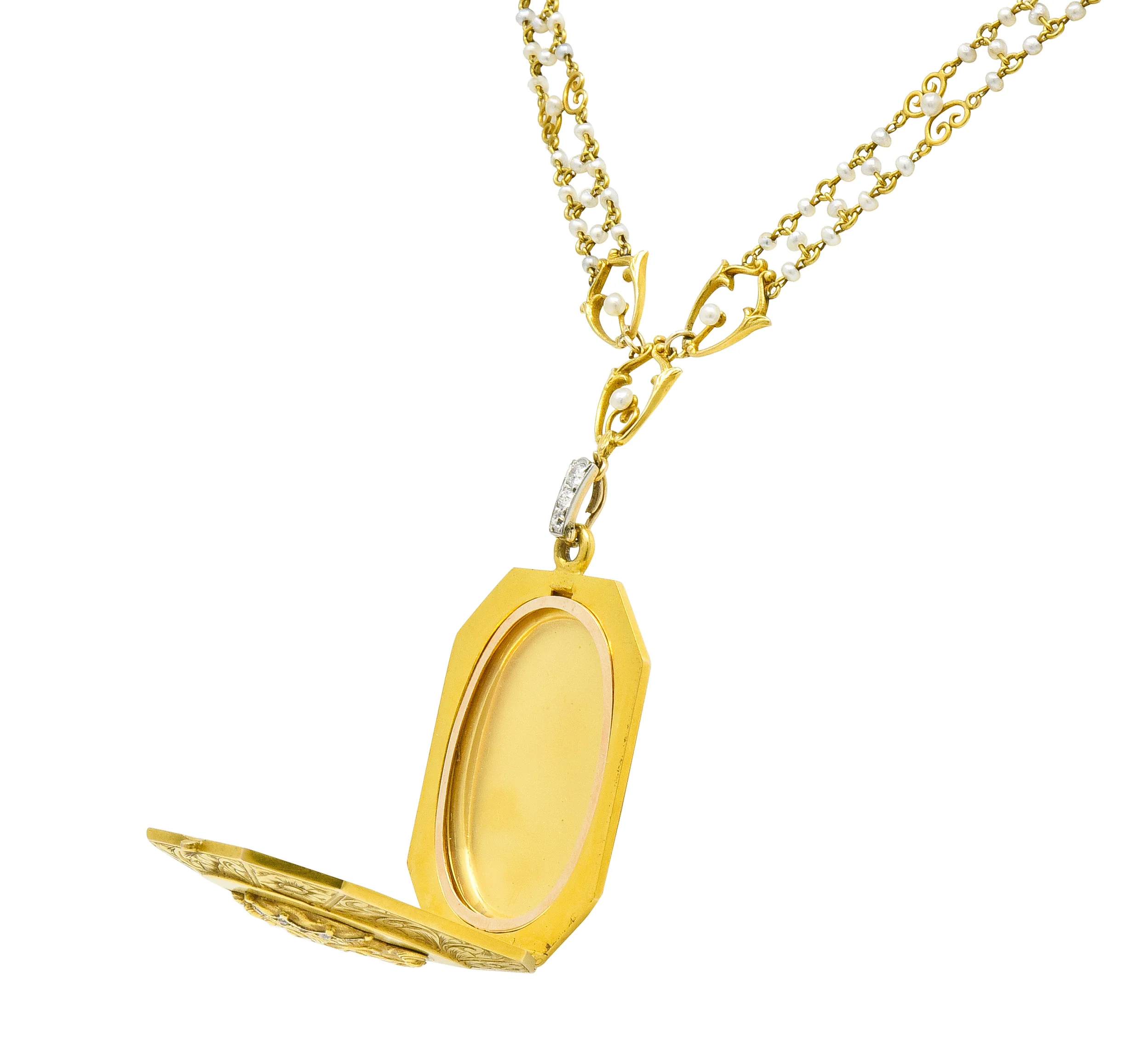 Art Nouveau Enamel Diamond Pearl 14 Karat Gold Princess Locket Necklace - Image 5