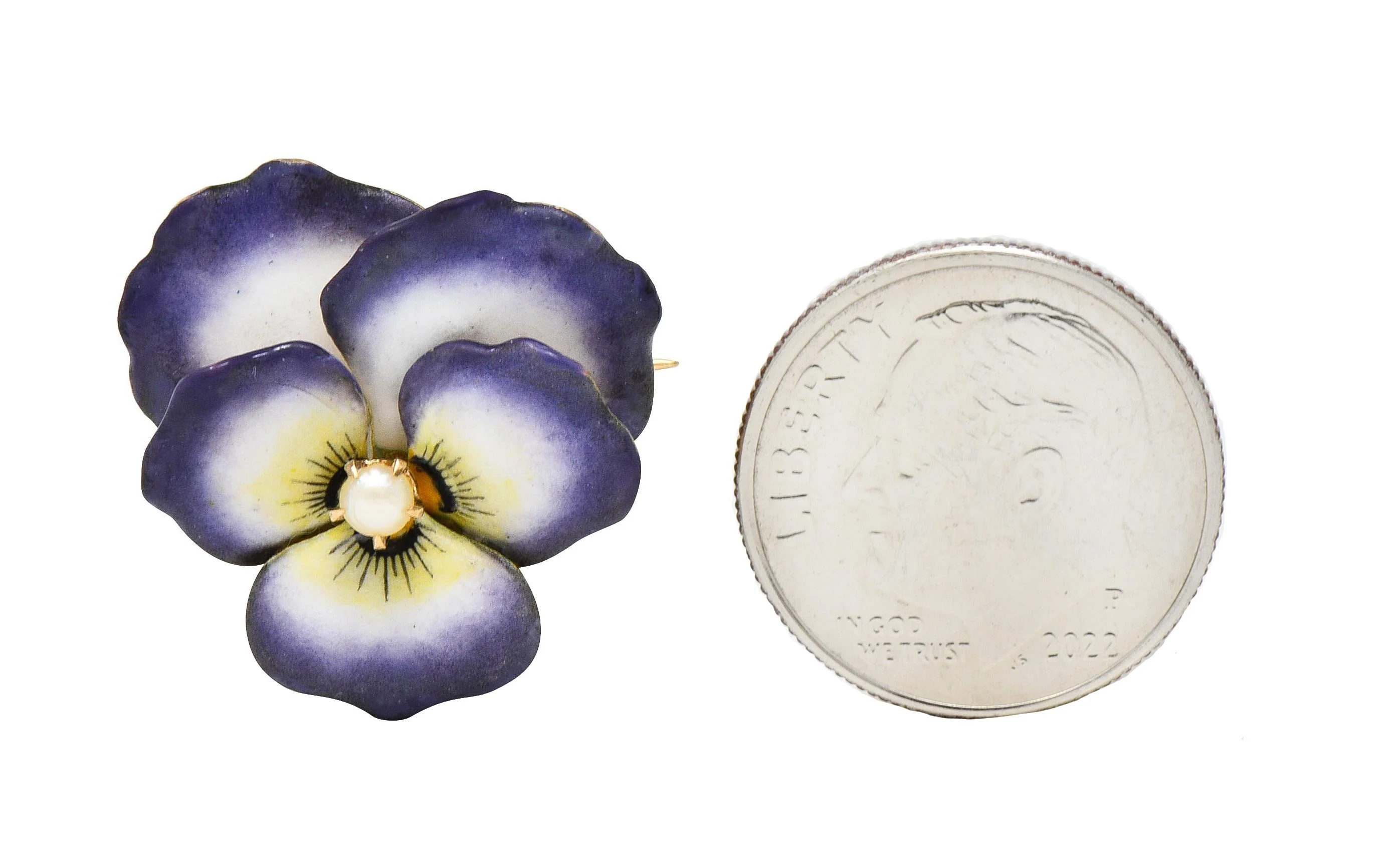 Art Nouveau Enamel Pearl 10 Karat Gold Antique Pansy Flower Pendant Brooch - Image 5