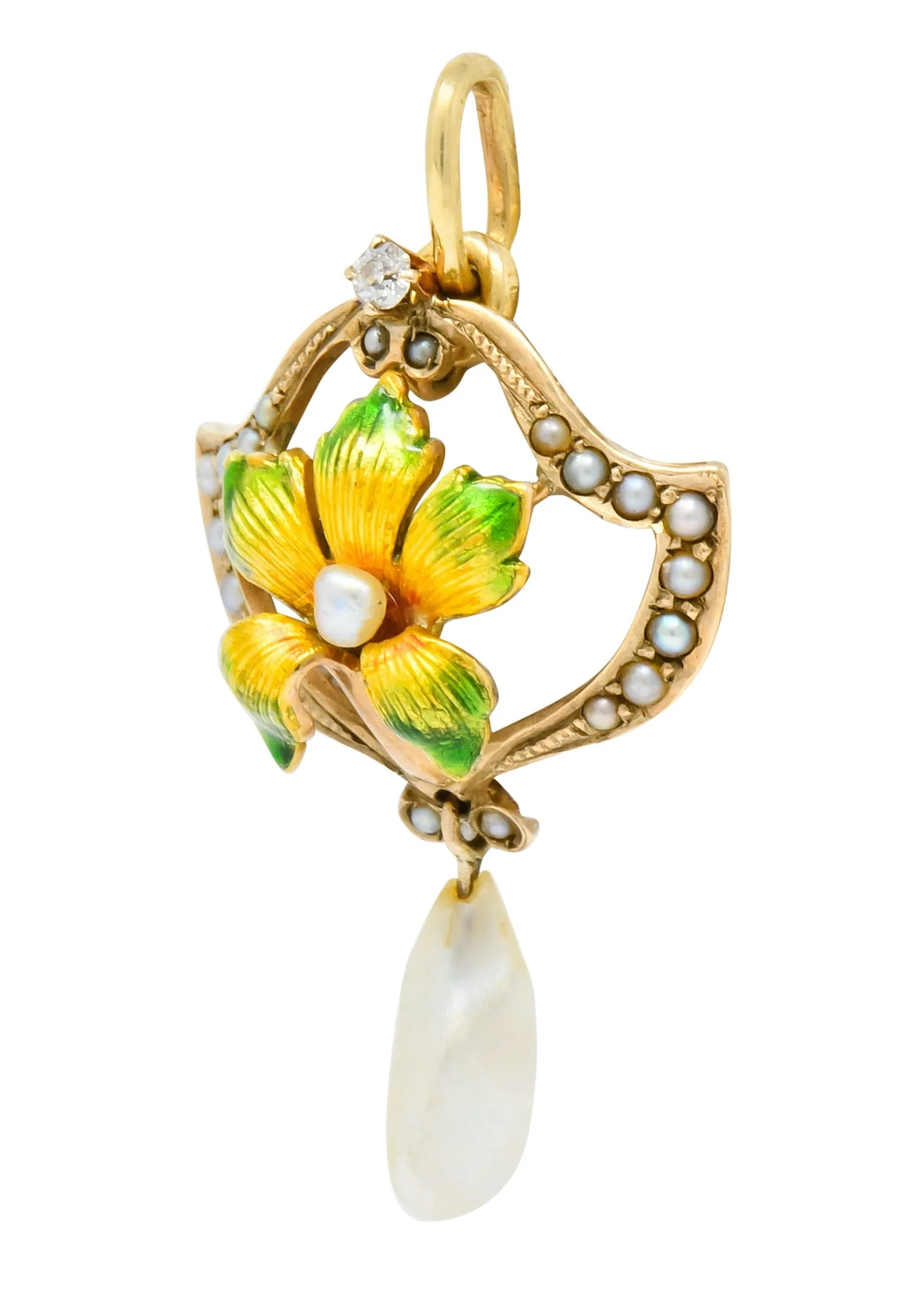 Art Nouveau Enamel Pearl Diamond 14 Karat Gold Lily Flower Pendant - Image 2
