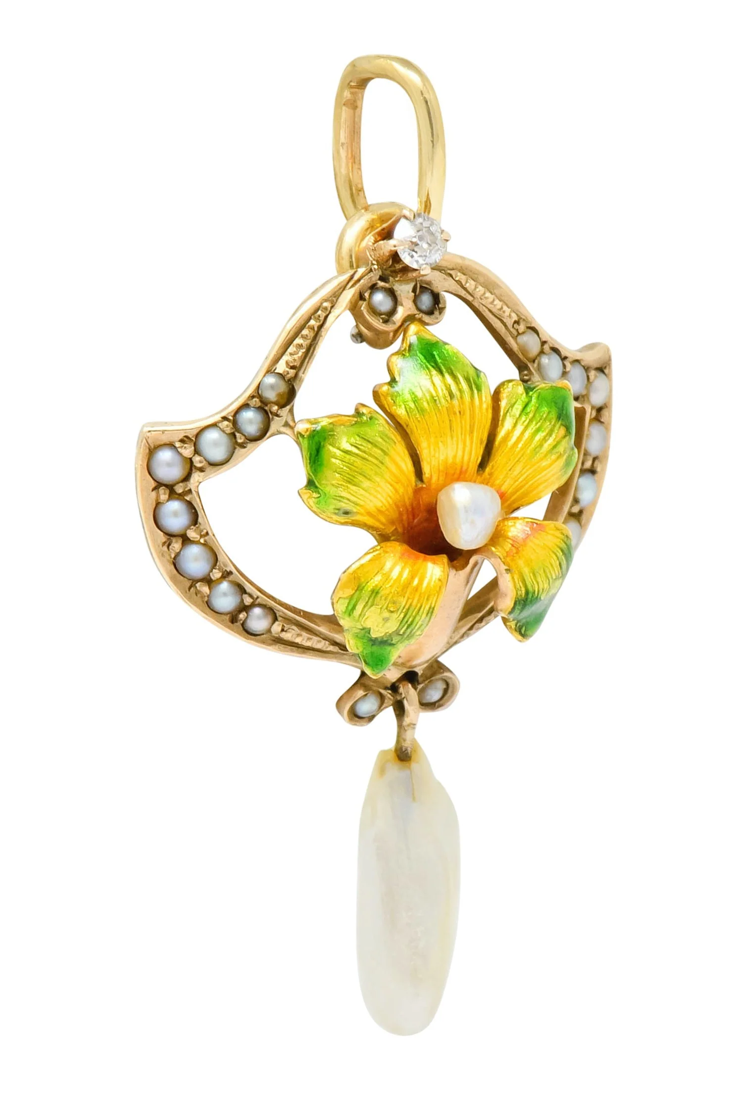 Art Nouveau Enamel Pearl Diamond 14 Karat Gold Lily Flower Pendant - Image 3