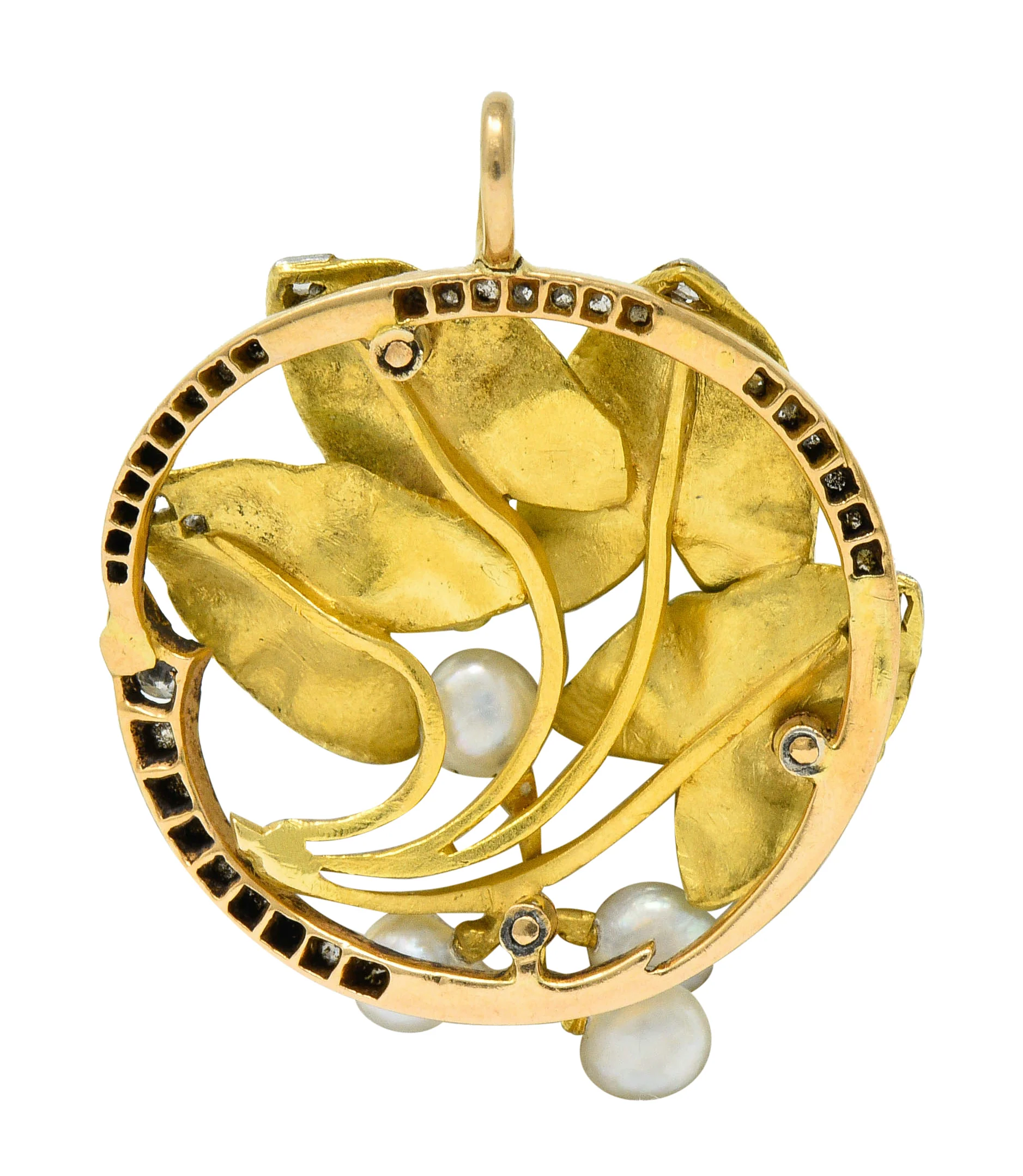 Art Nouveau Enamel Pearl Diamond Platinum-Topped 18 Karat Two-Tone Gold Ivy Pendant - Image 3