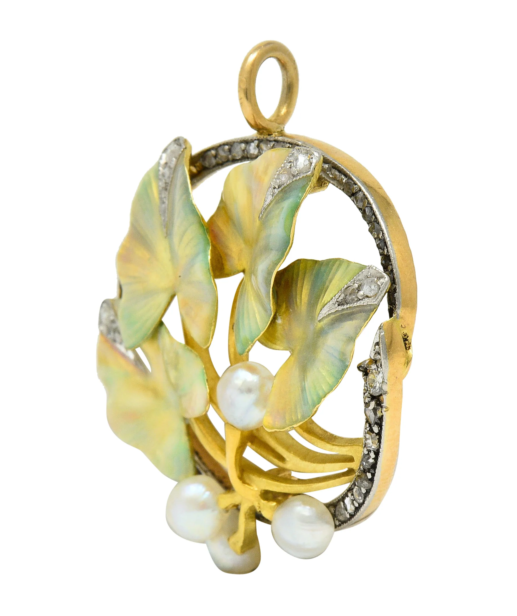 Art Nouveau Enamel Pearl Diamond Platinum-Topped 18 Karat Two-Tone Gold Ivy Pendant - Image 4