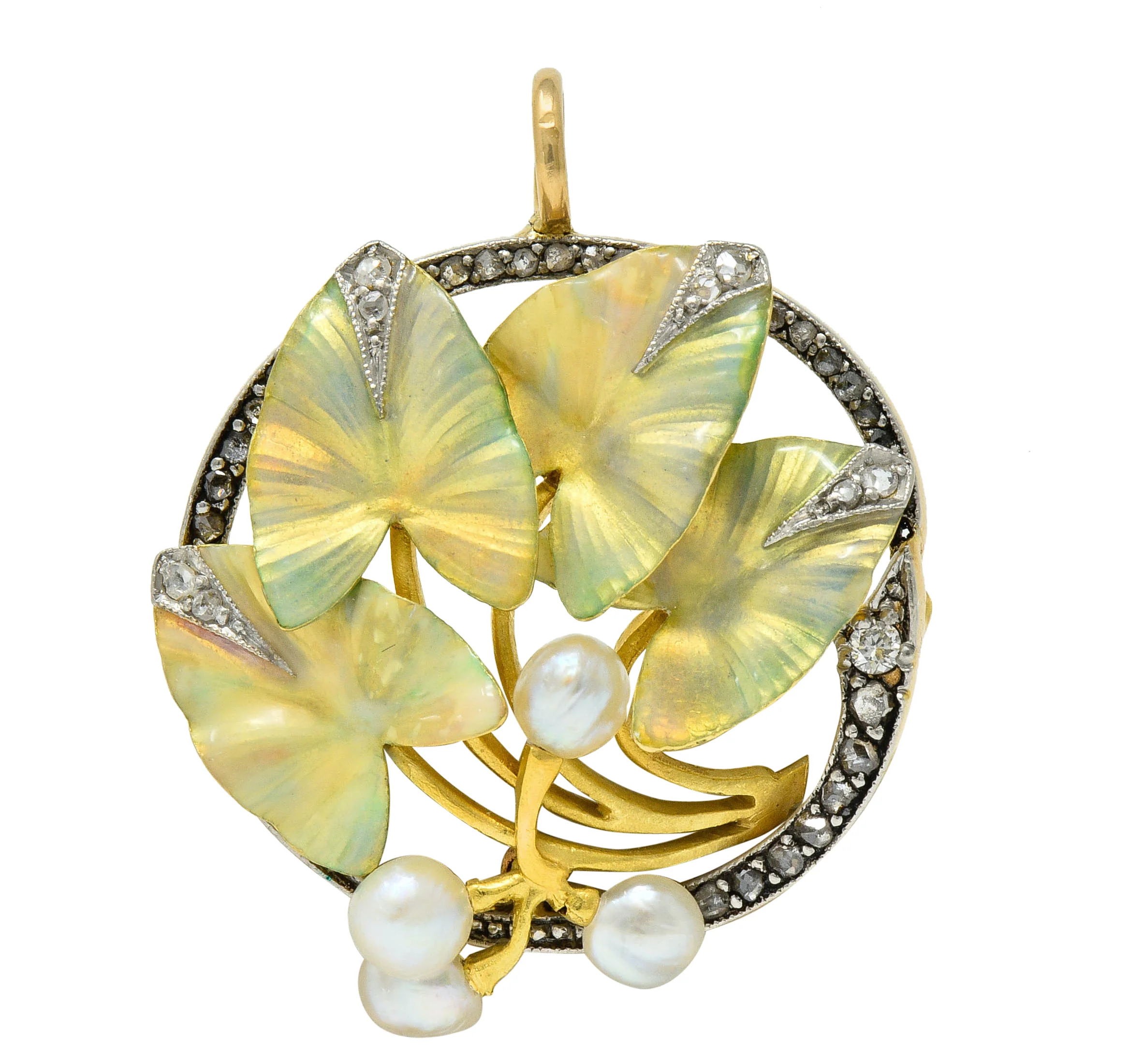 Art Nouveau Enamel Pearl Diamond Platinum-Topped 18 Karat Two-Tone Gold Ivy Pendant - Image 5
