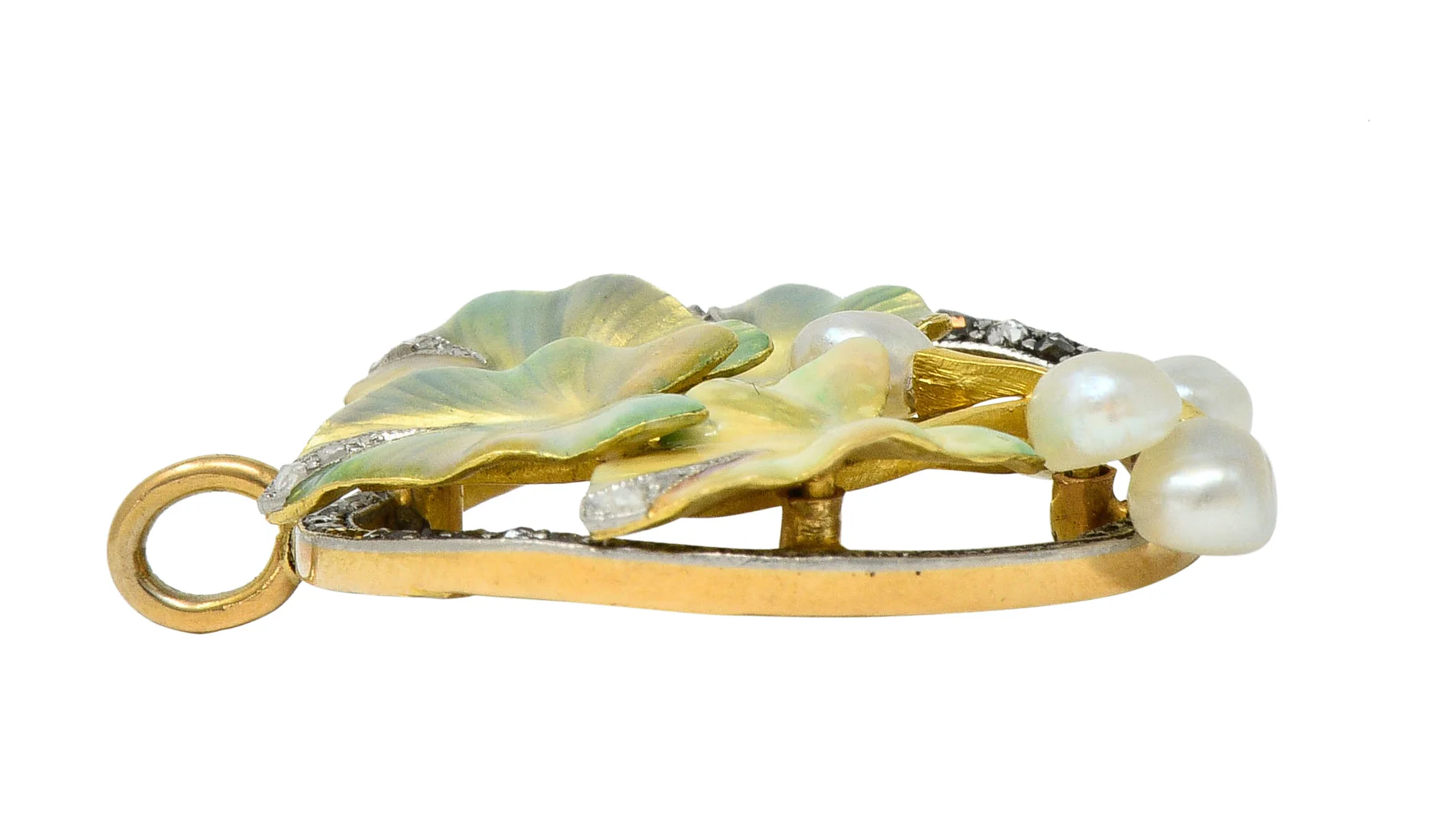 Art Nouveau Enamel Pearl Diamond Platinum-Topped 18 Karat Two-Tone Gold Ivy Pendant - Image 6