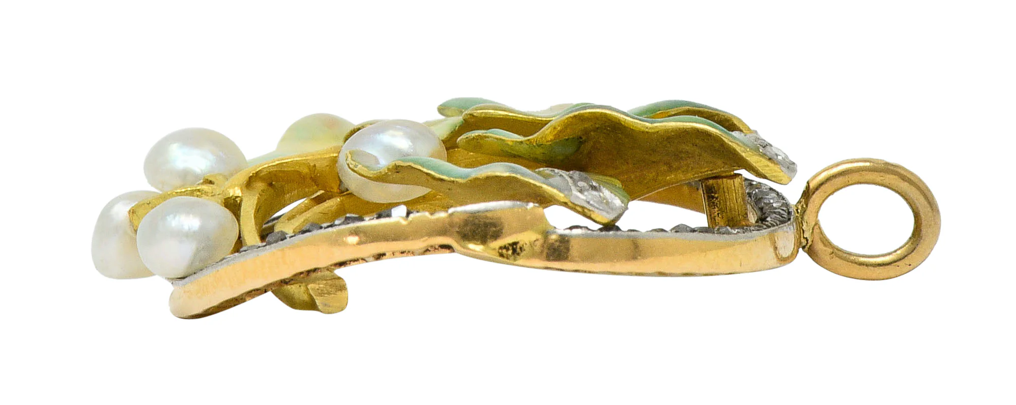 Art Nouveau Enamel Pearl Diamond Platinum-Topped 18 Karat Two-Tone Gold Ivy Pendant - Image 7