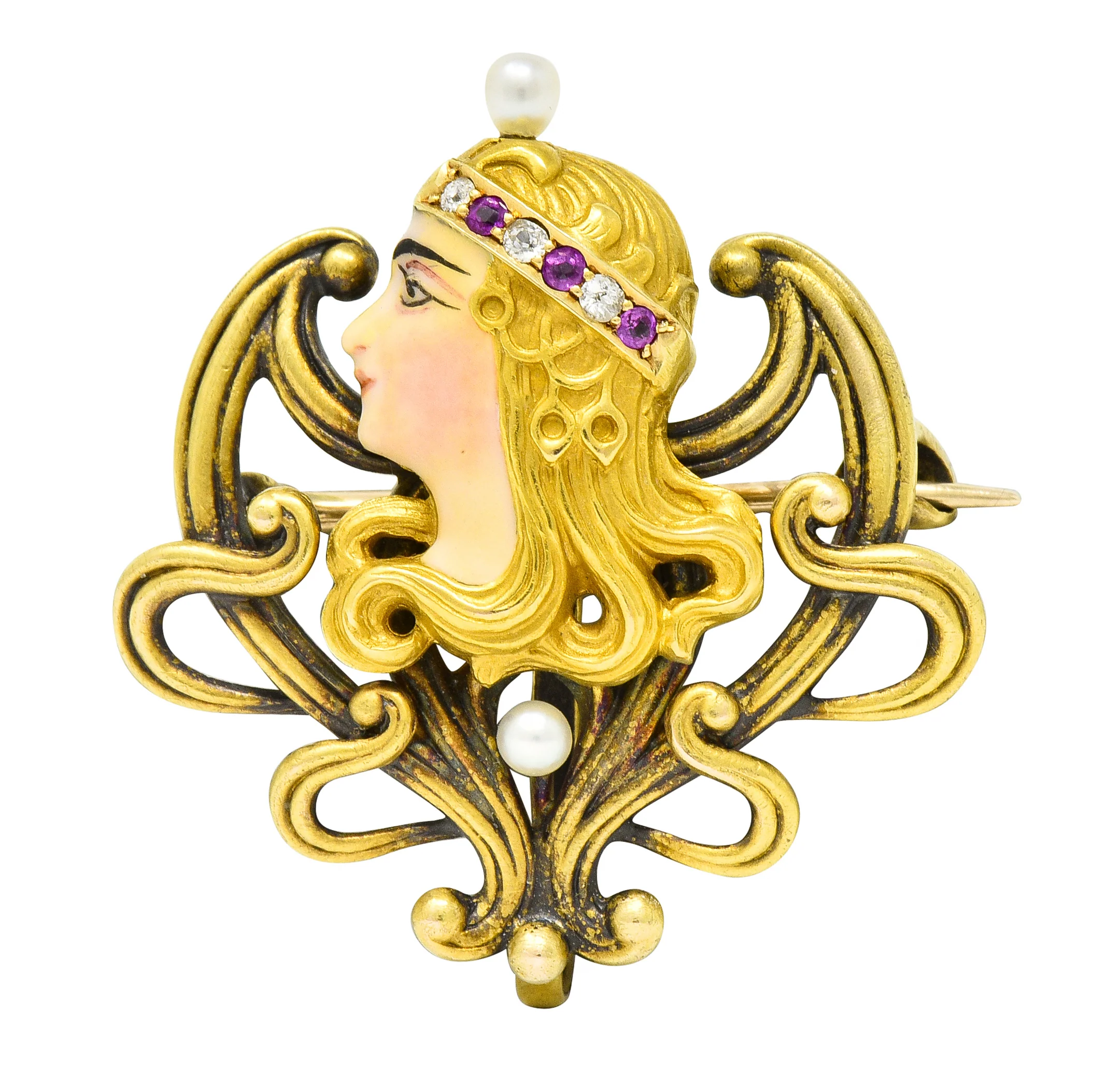 Art Nouveau Enamel Pearl Ruby Diamond 14 Karat Gold Whiplash Empress Pendant Brooch